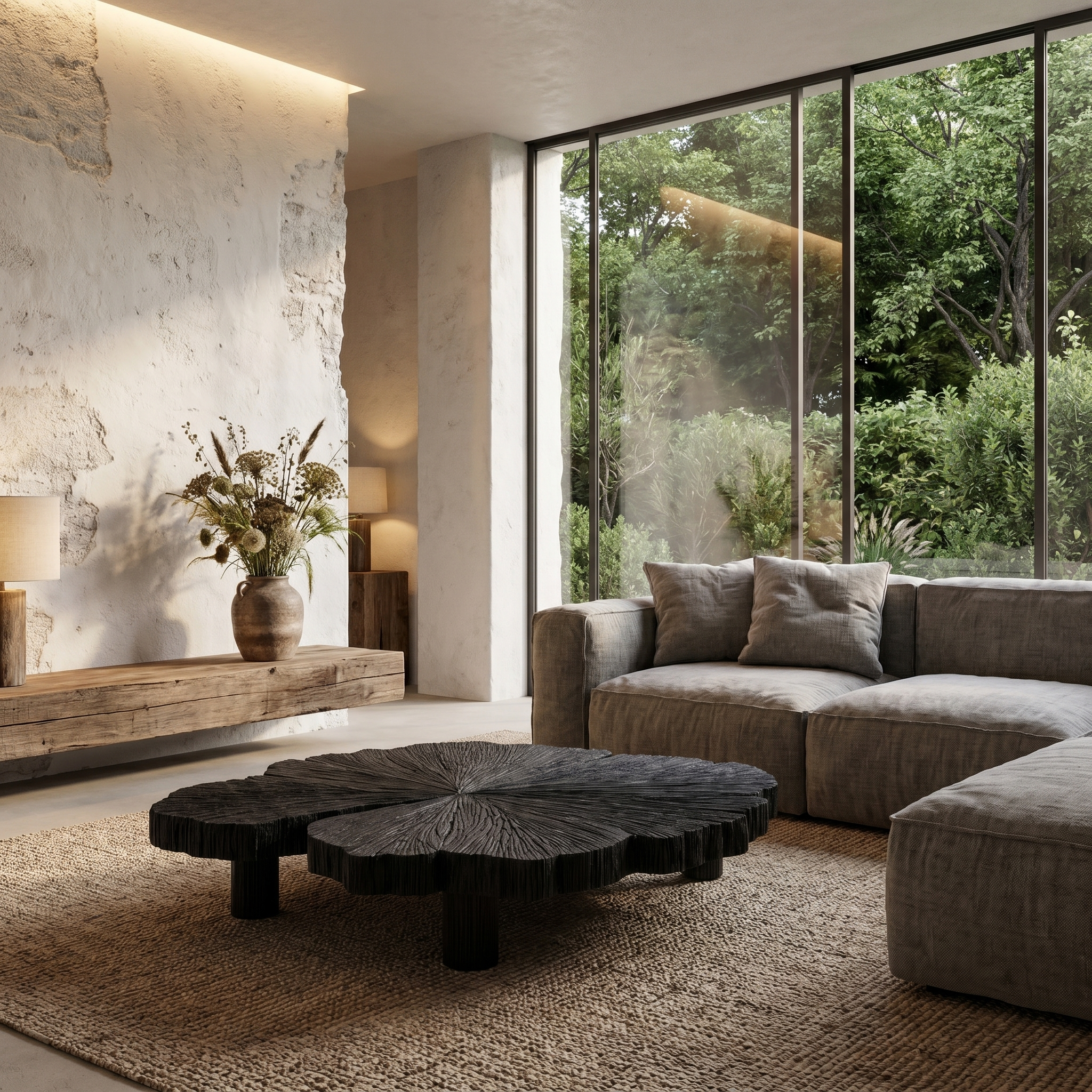Rustic Coffee Table With Hand Carved Organic Wood Top And Chunky Pedestal Legs For Living Room