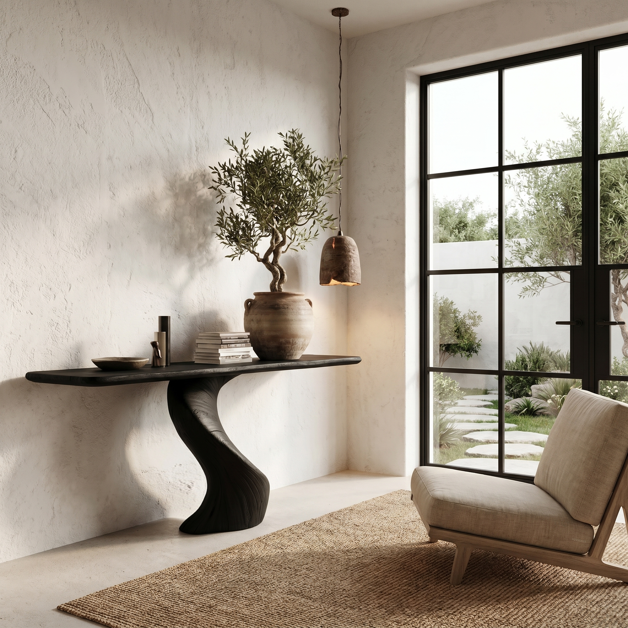 Modern Organic Console Table With Sculptural Twisted Solid Wood Base For Entryway And Living Room
