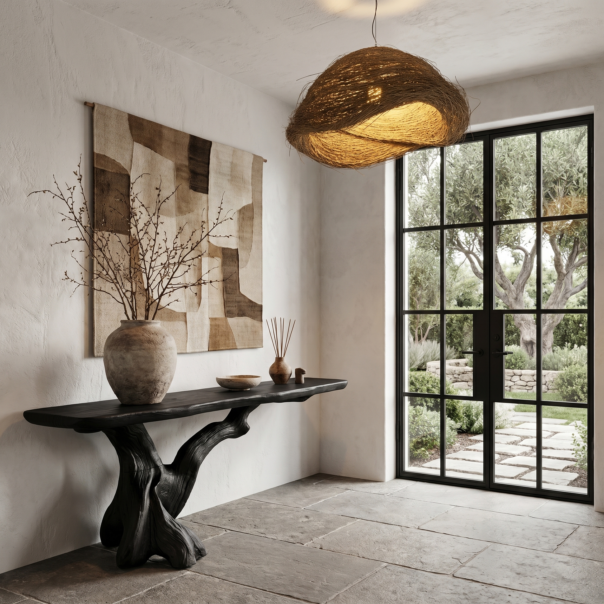 Organic Console Table With Sculptural Open Ring Wood Base For Entryway And Living Room