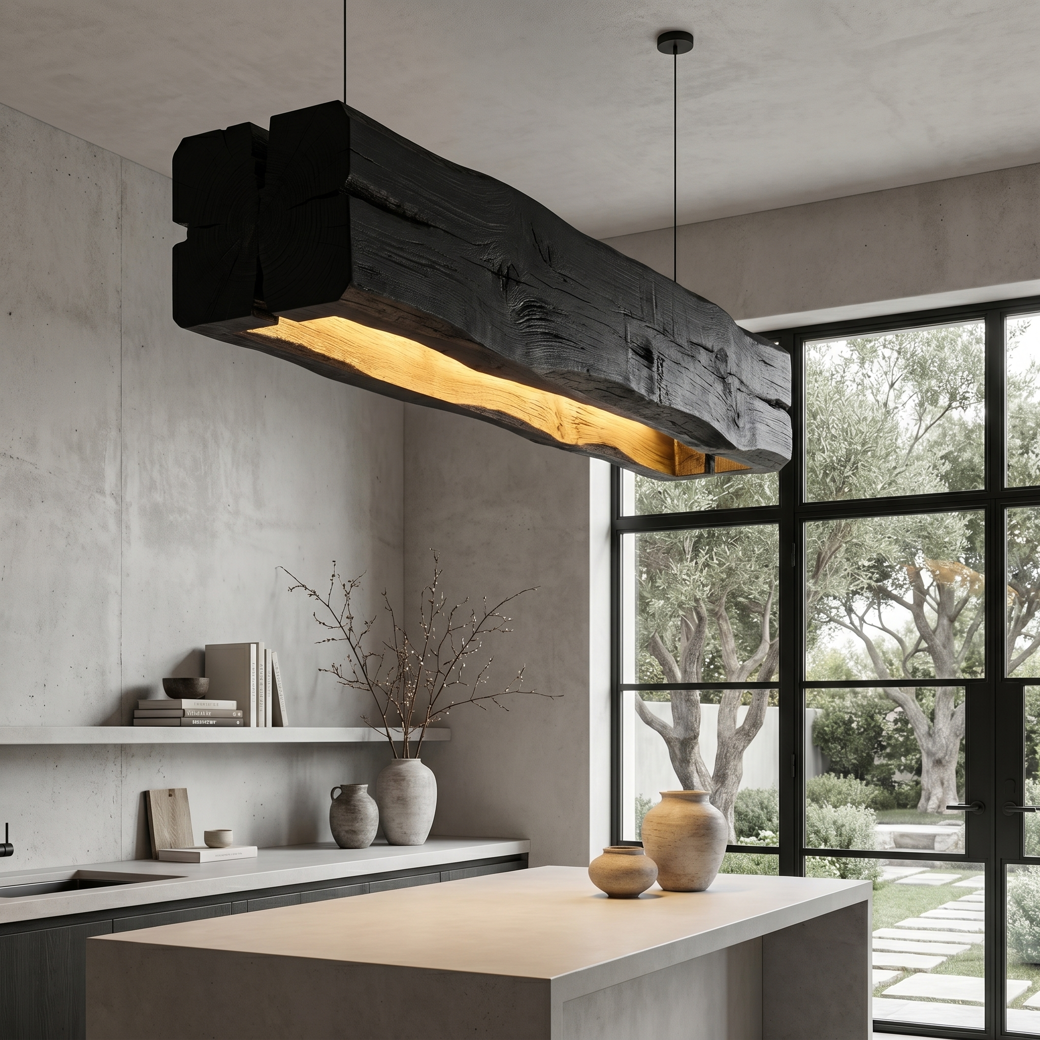 Organic Modern Pendant Light With Sculptural Wood Beam For Living Room And Kitchen
