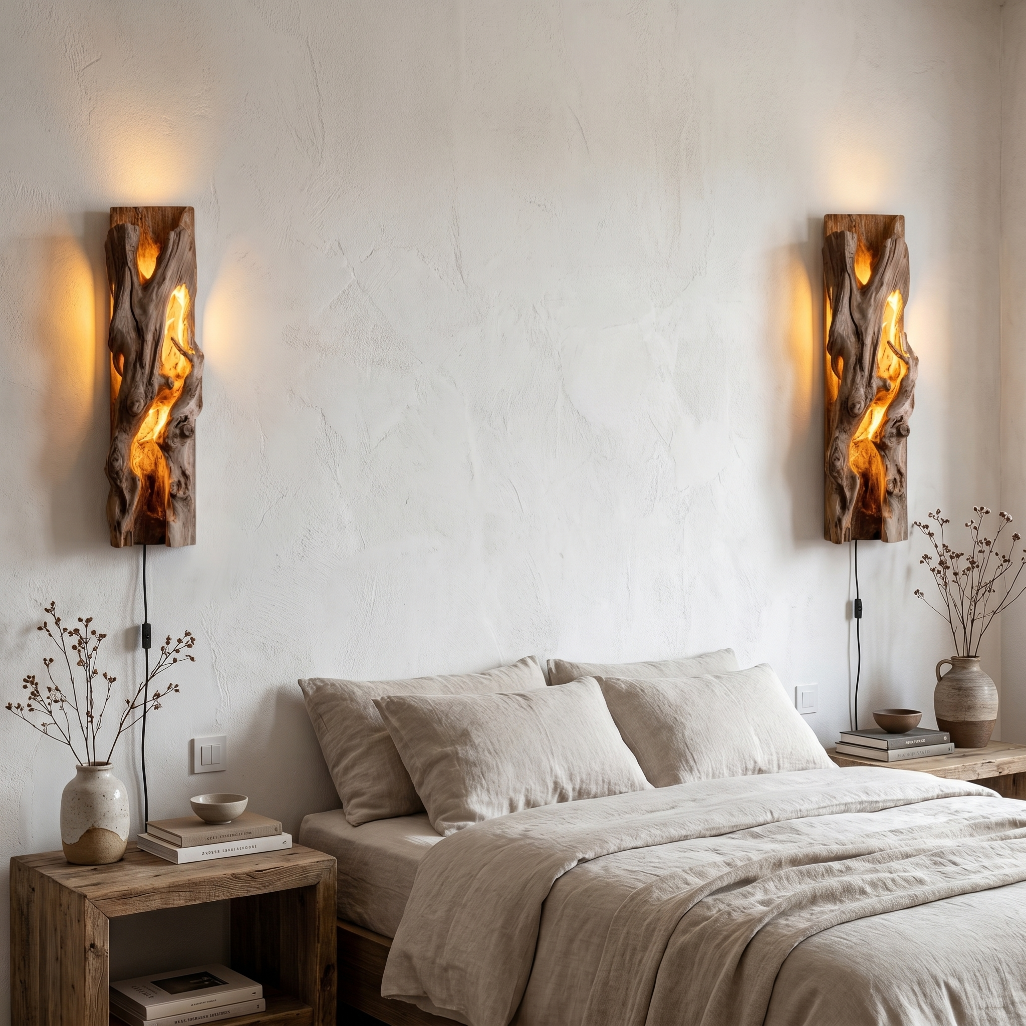 Rustic Live Edge Wall Sconce With Natural Wood Sculpture For Living Room