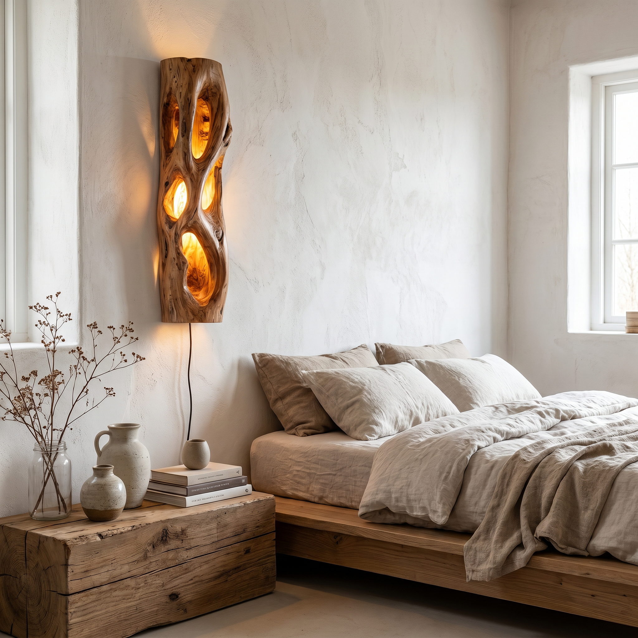 Sculptural Natural Wood Wall Sconce For Bedroom And Living Room