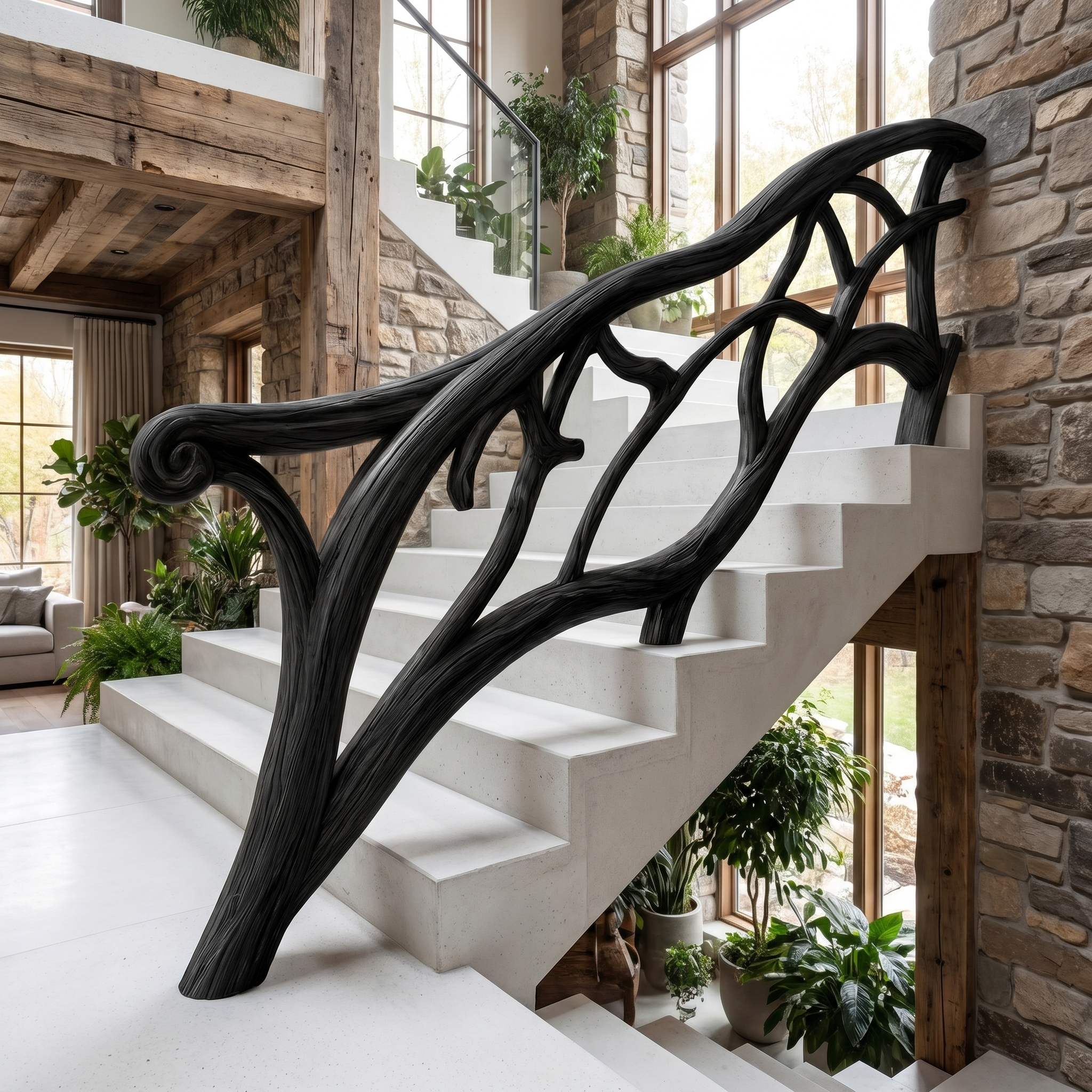Artistic Tree Branch Stair Railing With Sculptural Wood Design For Interior Staircase