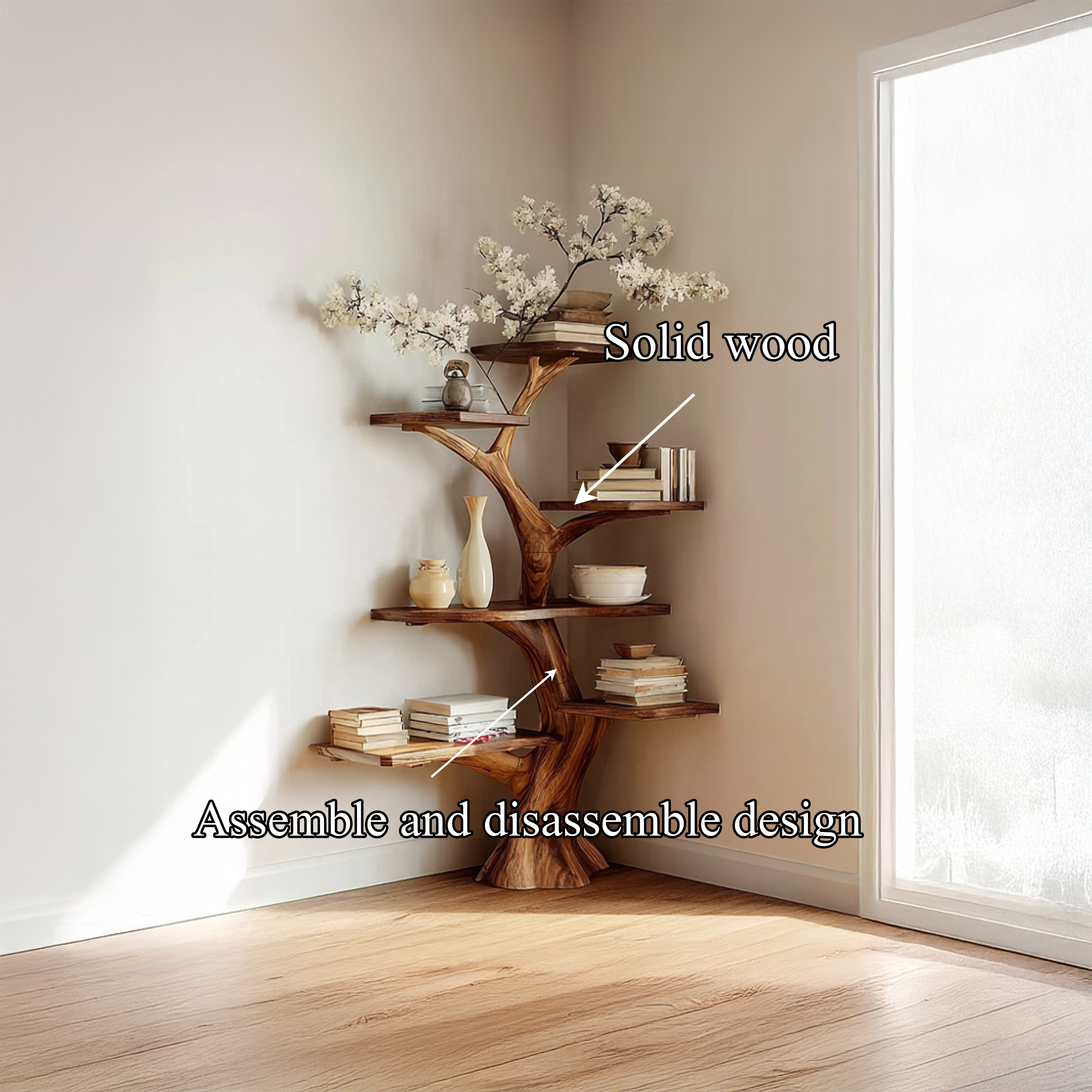 Rustic Corner Tree Bookshelf Living Room Wall