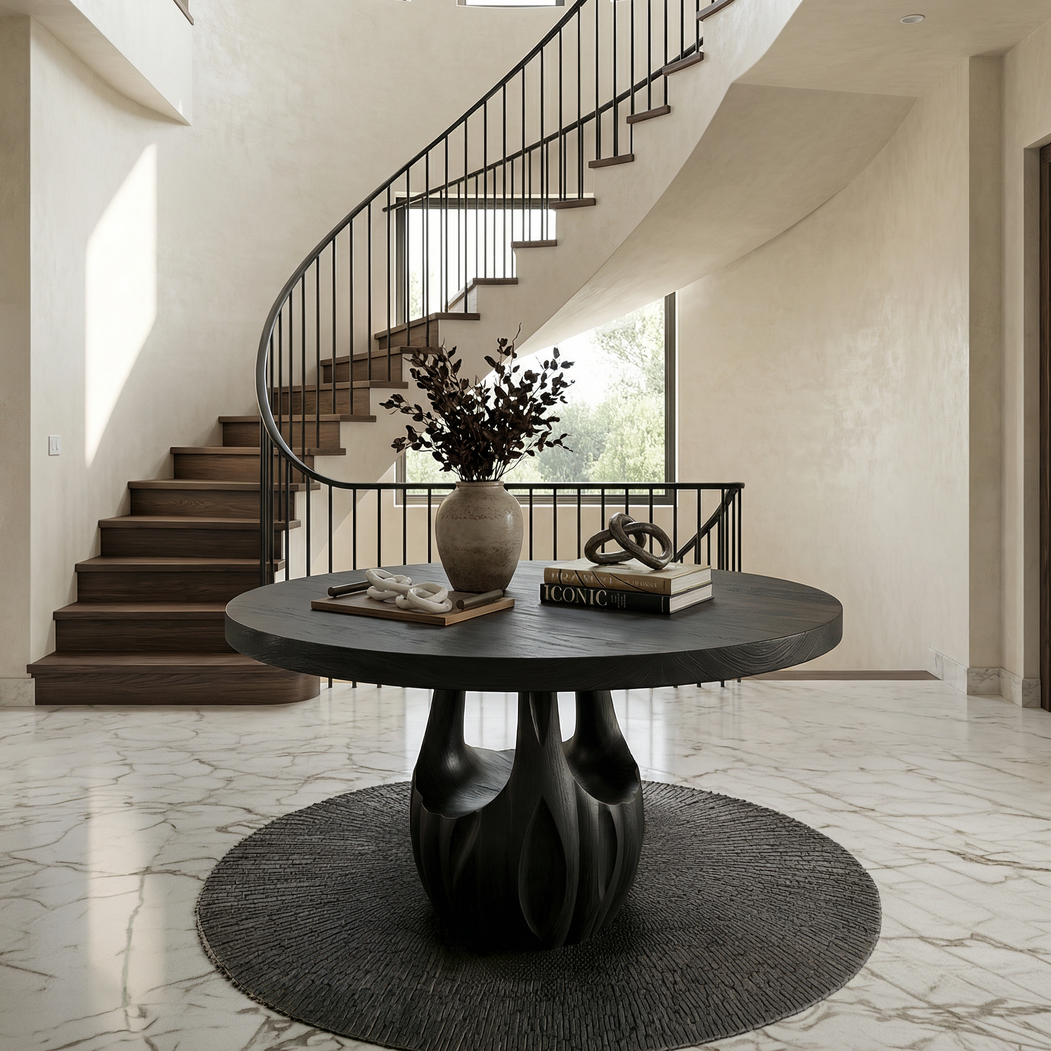 Modern Round Entryway Foyer Table With Unique Sculptural Base For Entryway And Hallway