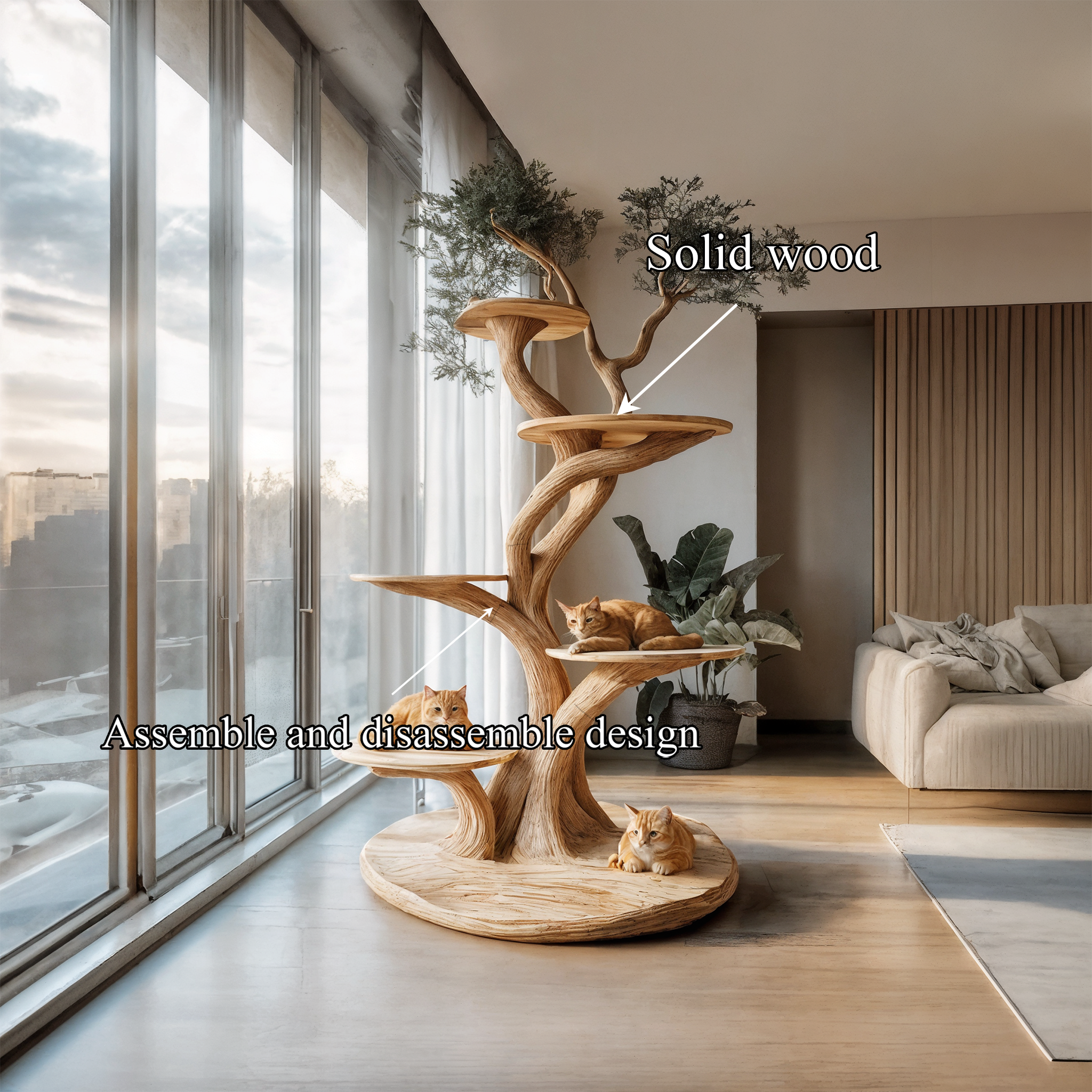 Custom Handmade Wooden Cat Tree Modern Large Climbing Tree Unique