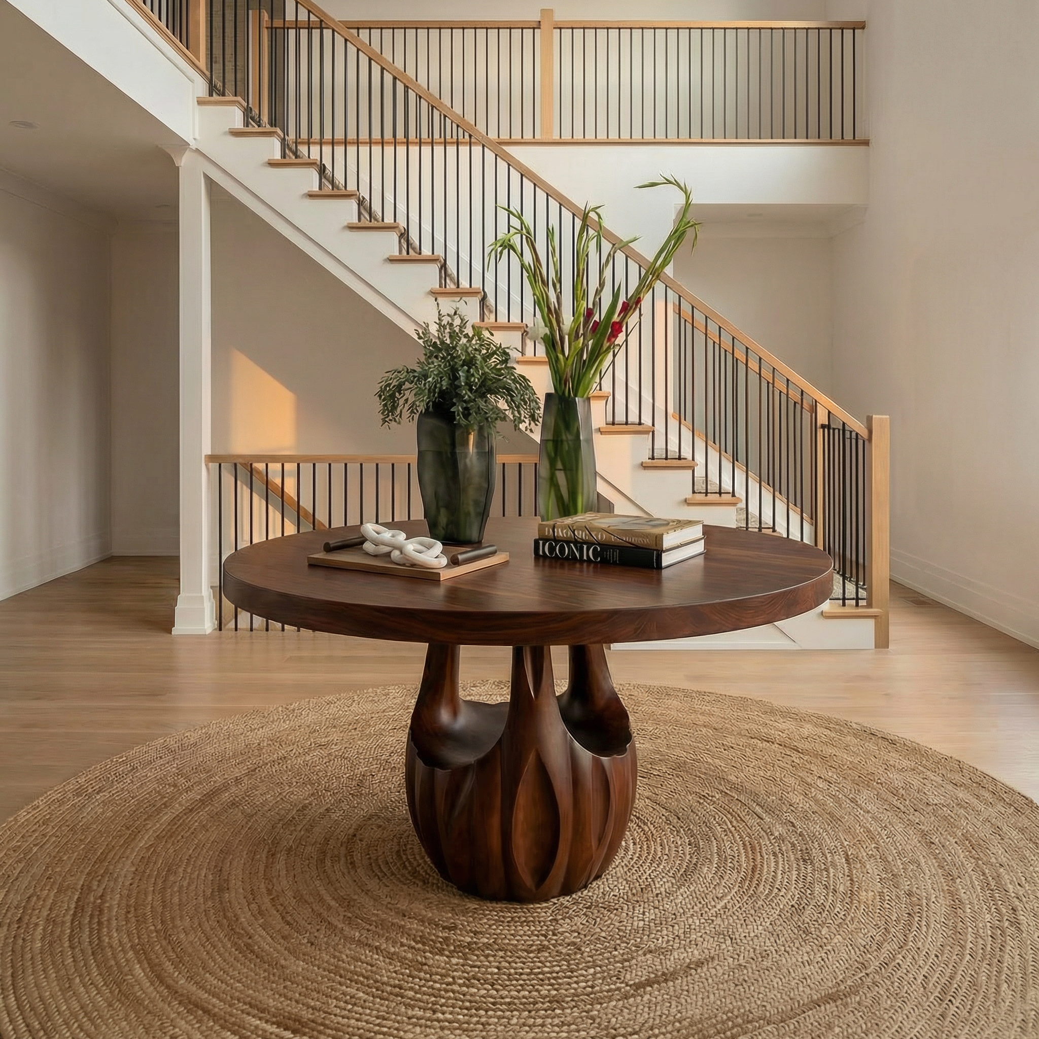 Modern Round Entryway Foyer Table With Unique Sculptural Base For Entryway And Hallway