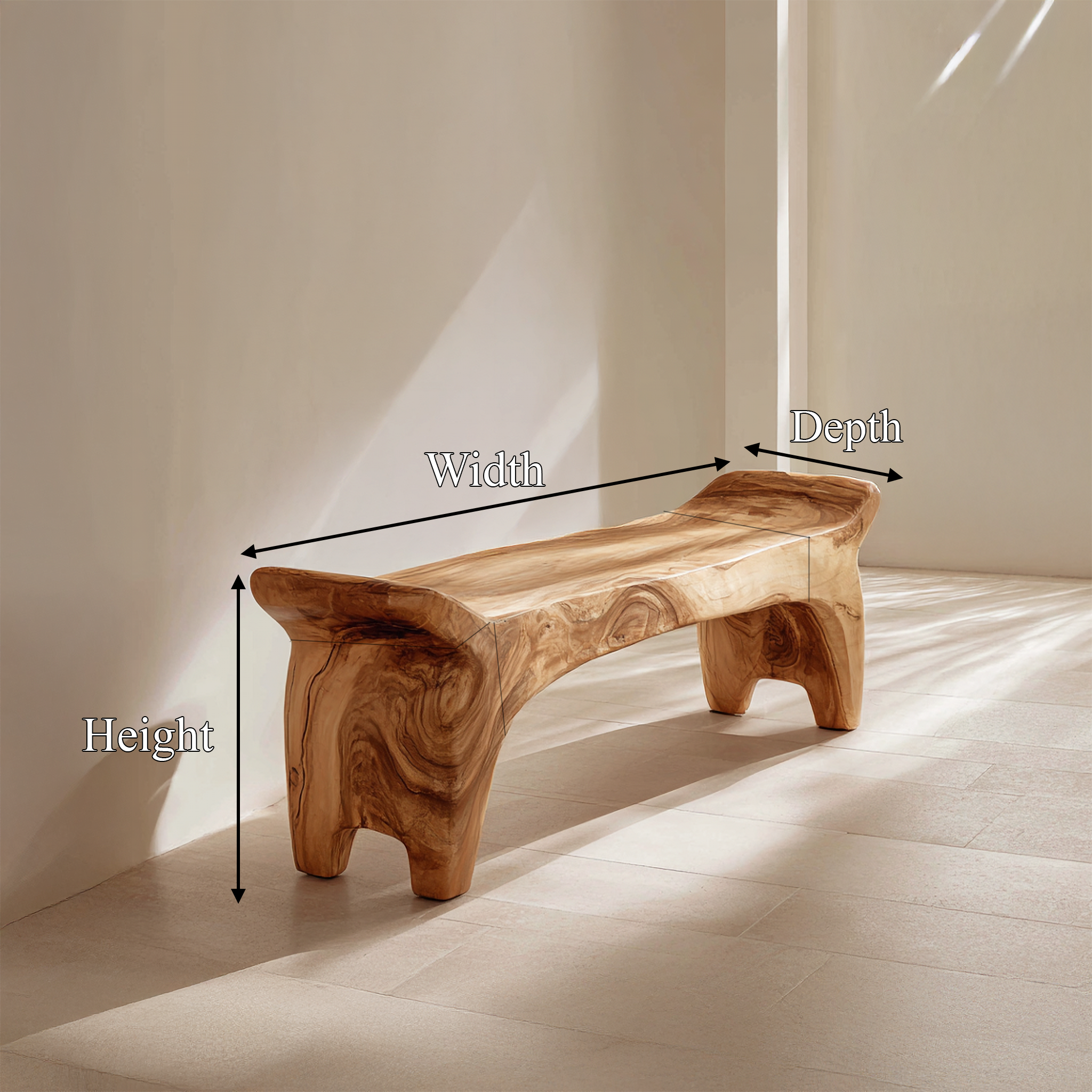 Rustic Sculptural Solid Form Bench For Entryway And Living Room