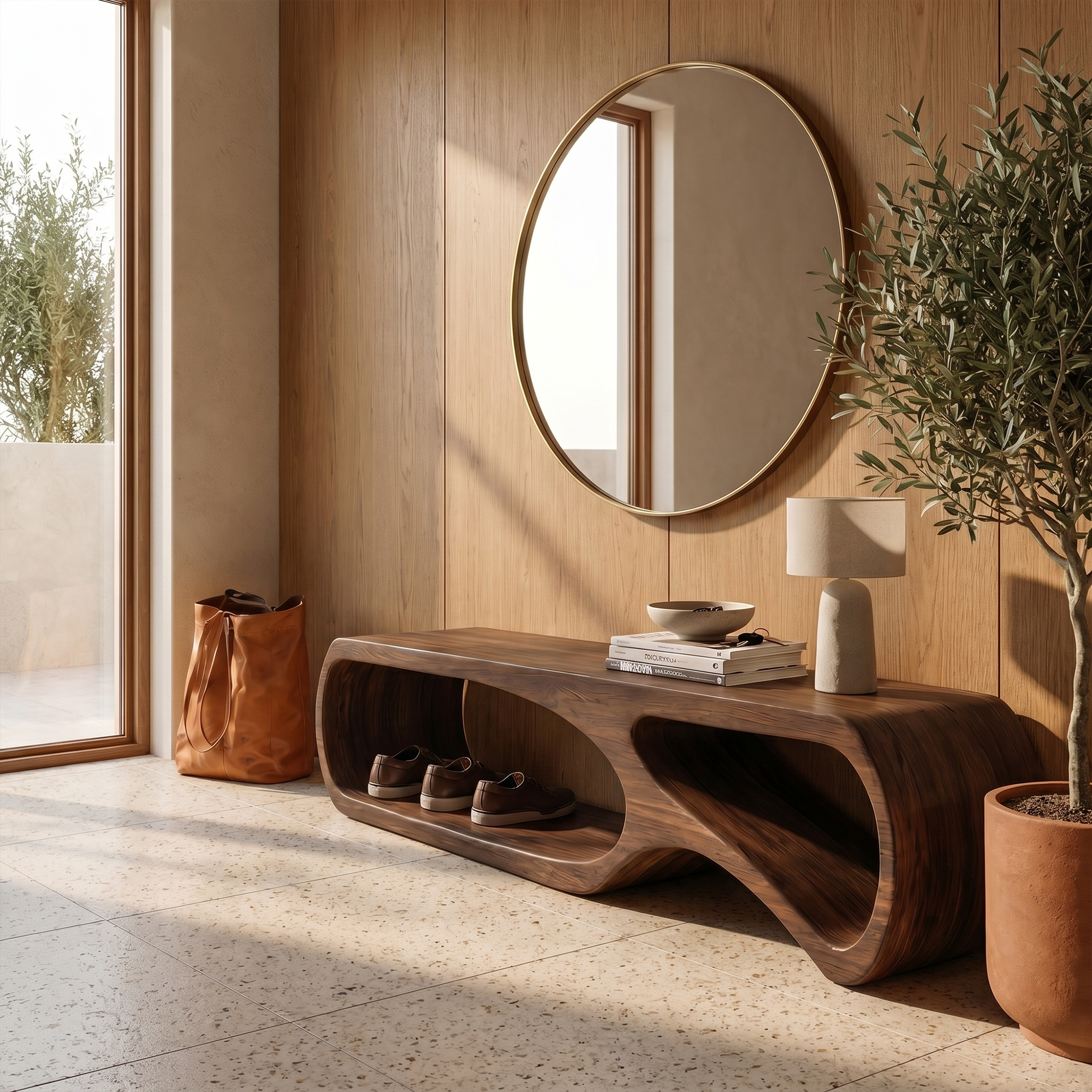 Sculptural Bench With Curved Open Storage Base For Entryway