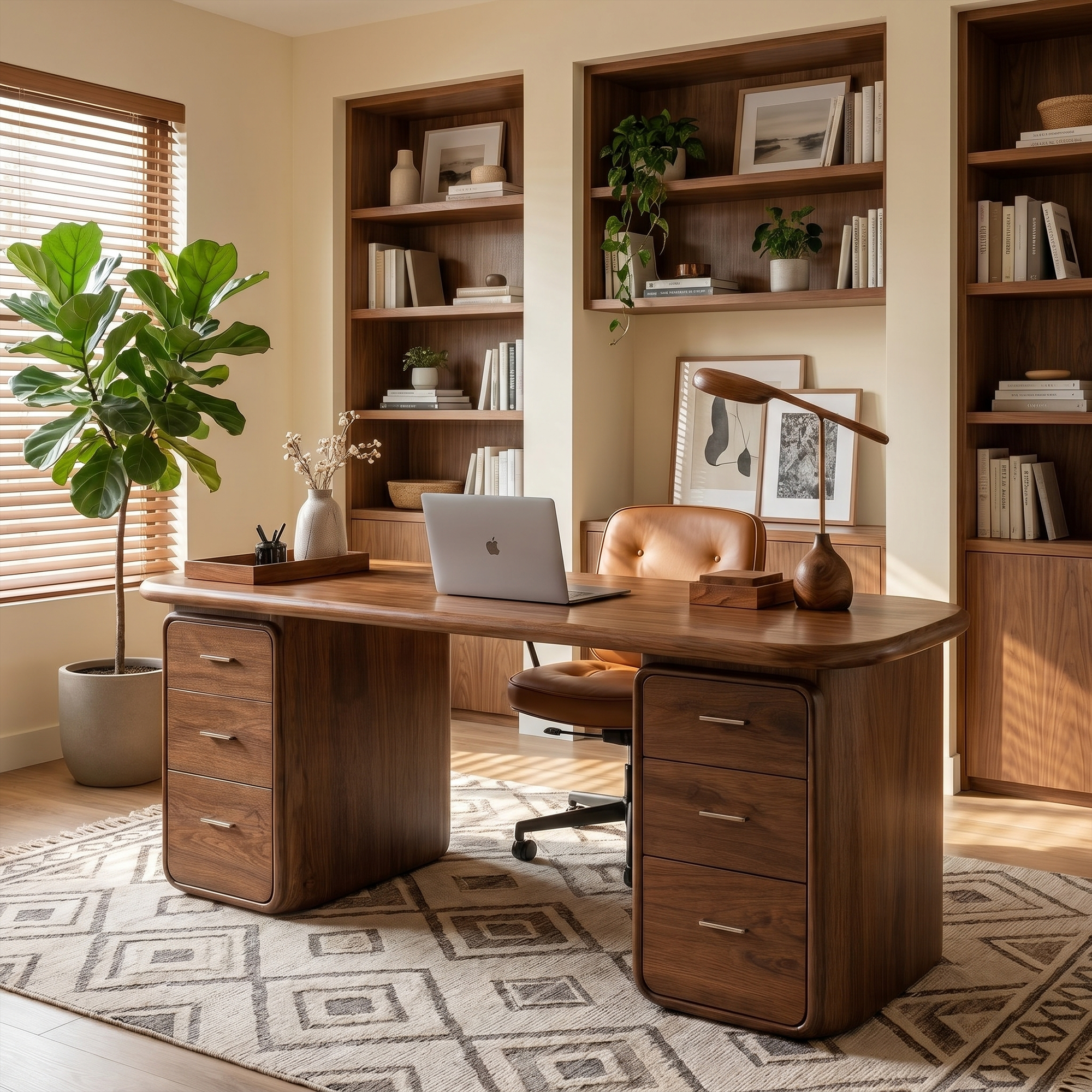 Contemporary Wood Desk With Built In Drawers For Home Office