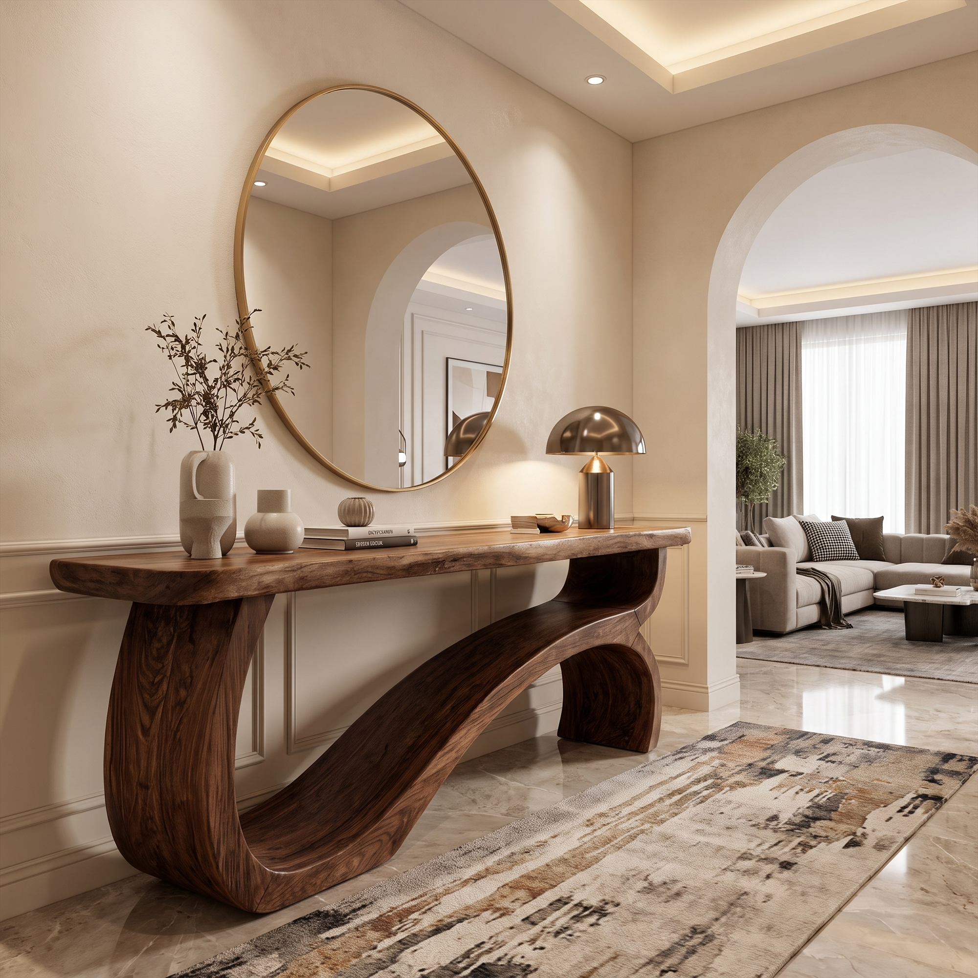Modern Console Table Table With Sculptural Open Wood Base For Living Room