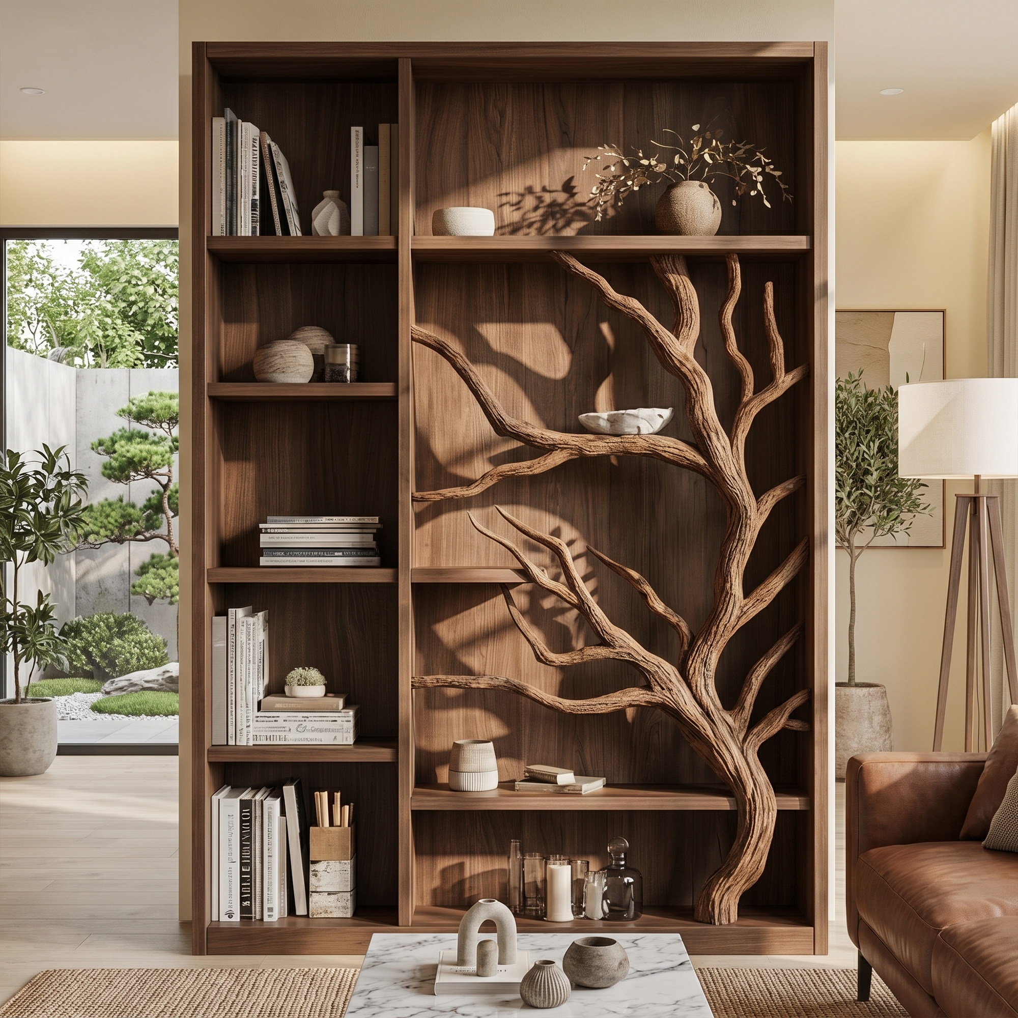 Tree Bookcase Cabinet With Open Display Shelves For Living Room And Study