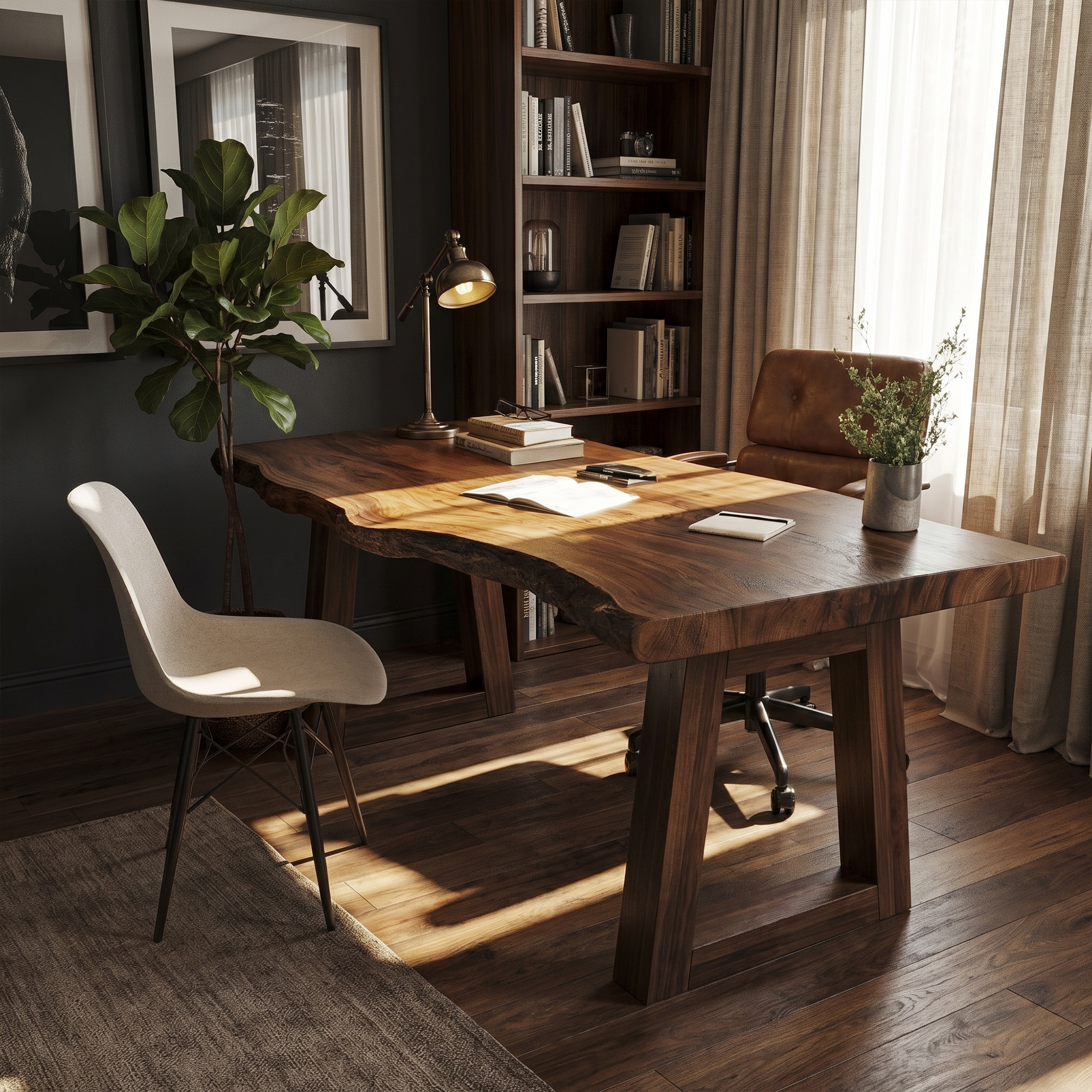 Modern Desk With Live Edge Solid Wood Top And Steel Base For Workspace