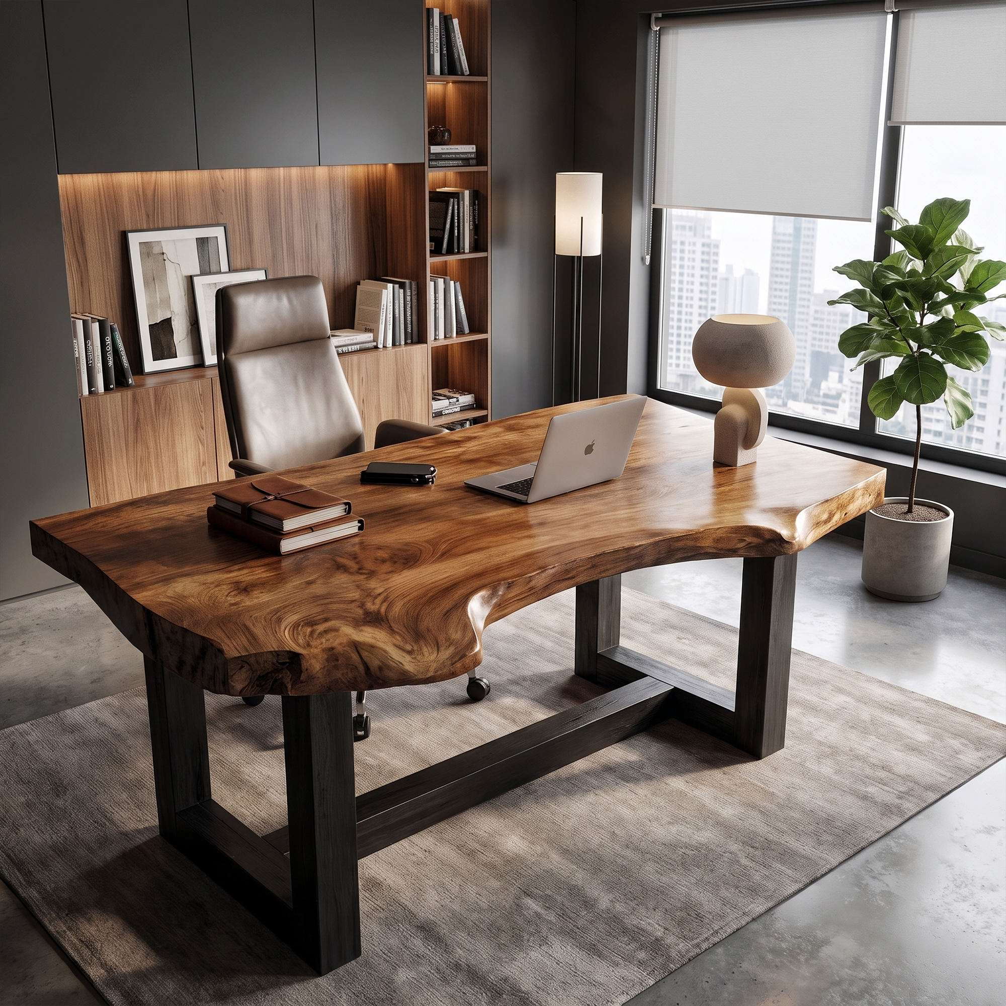 Minimal Desk With Live Edge Wooden Top For Home Office