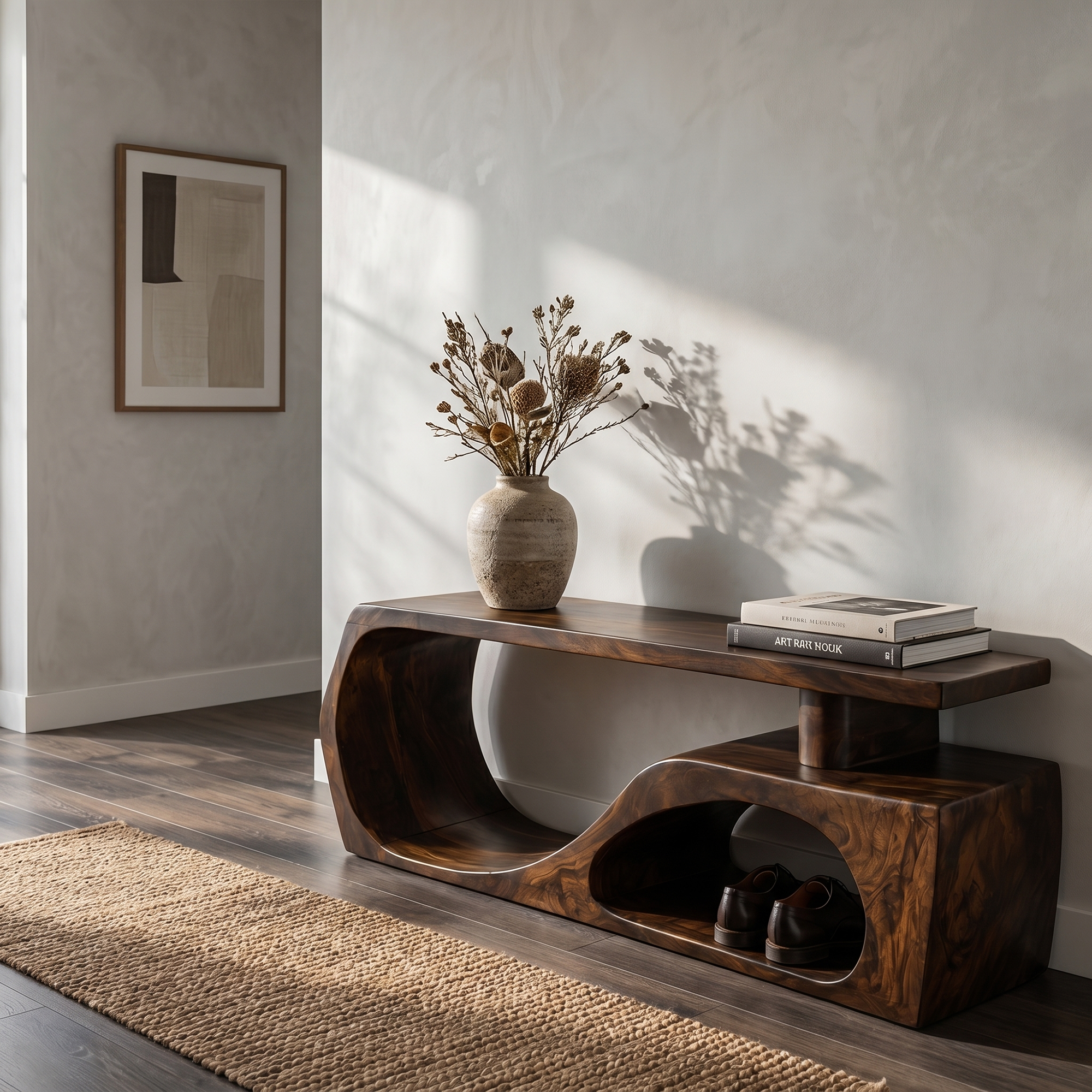 Contemporary Bench With Curved Open Shoe Storage For Entryway And Living Room