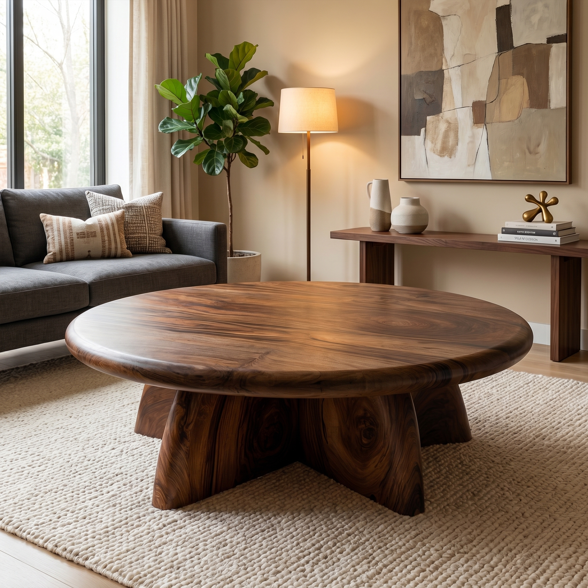 Rustic Coffee Table With Solid Wood Stump Base For Living Room