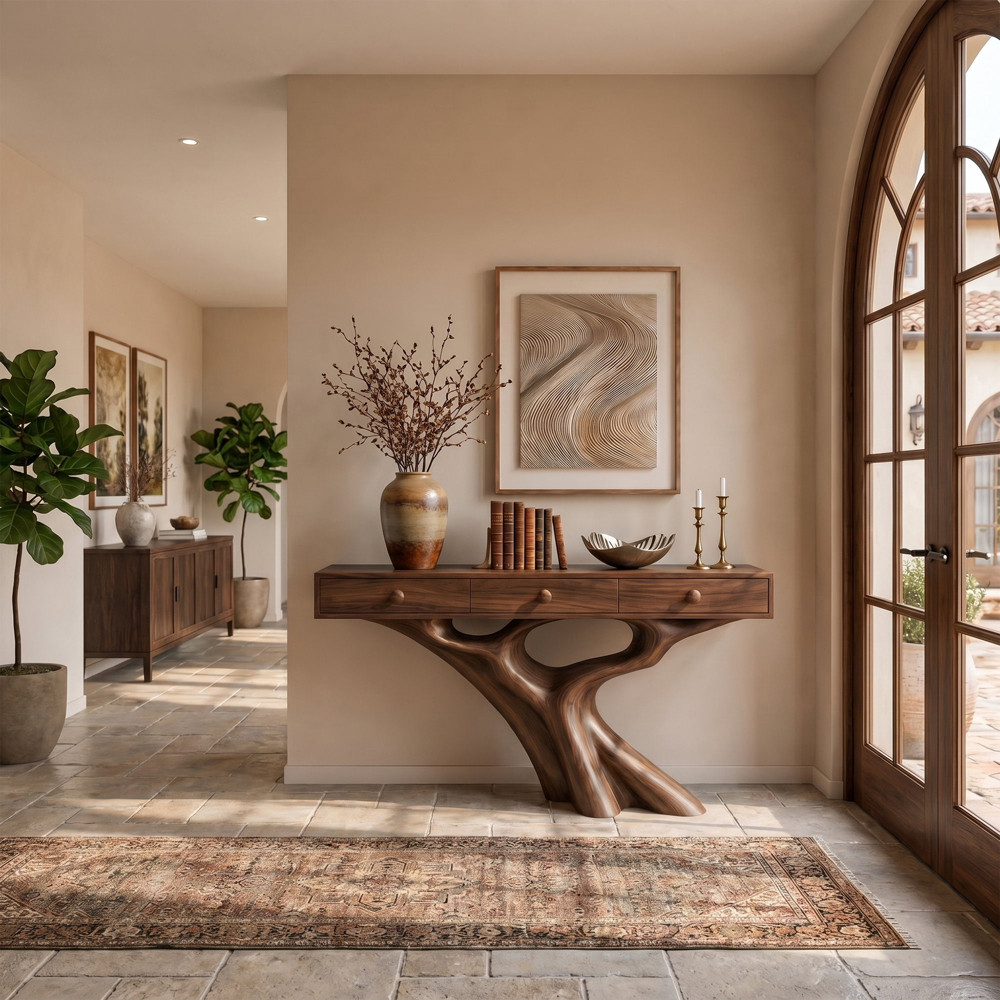 Organic Console Table With Built In Storage Cabinet And Sculptural Curved Wood Base For Entryway And Living Room