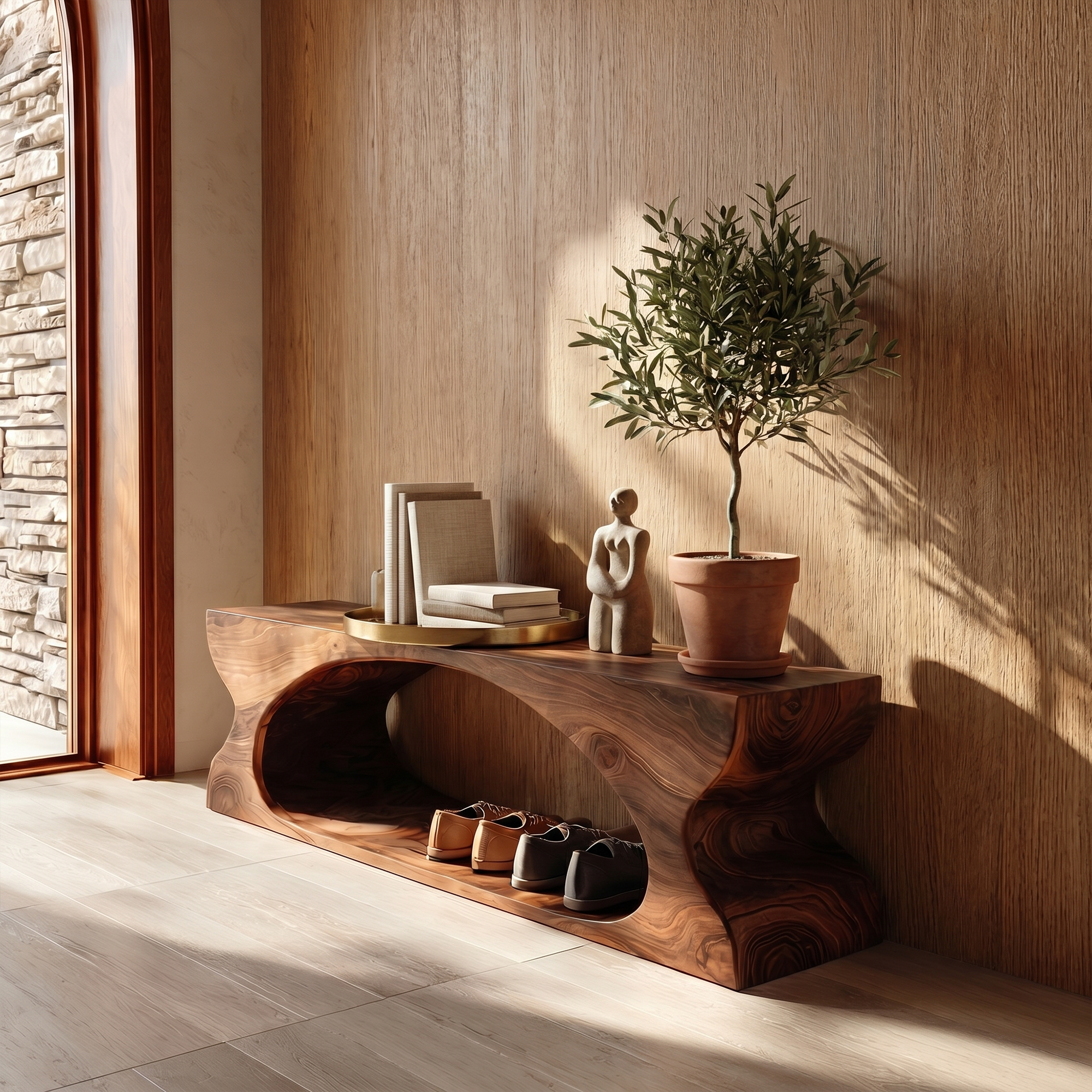 Modern Sculptural Wooden Bench With Organic Design For Entryway And Living Room