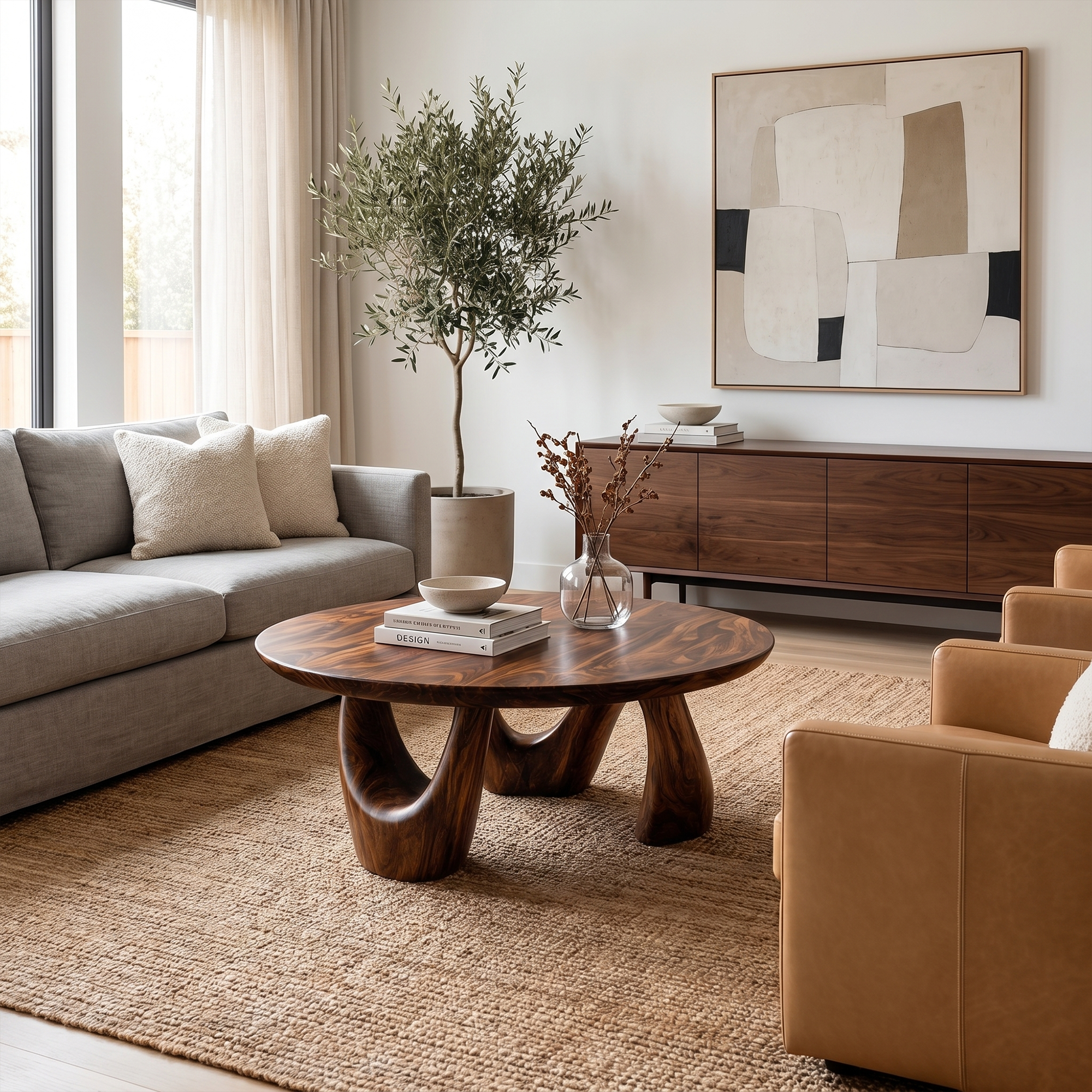 Organic Coffee Table With Freeform Live Edge Top And Sculptural Loop Wood Base For Living Room