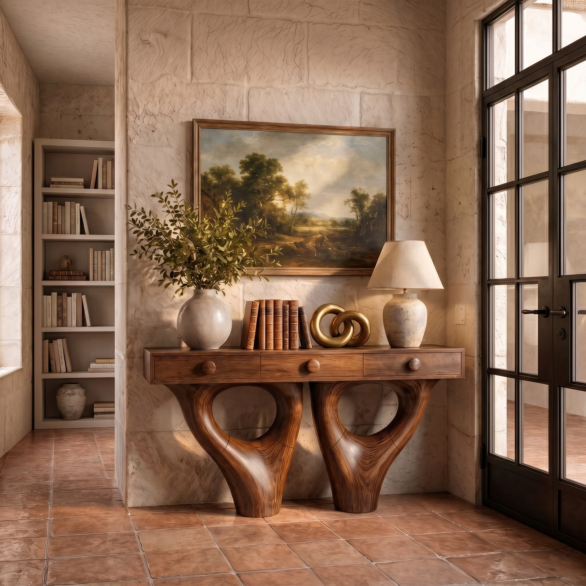 Rustic Console Table With Sculptural Double Pedestal Wood Base And Solid Wood Top For Entryway And Living Room