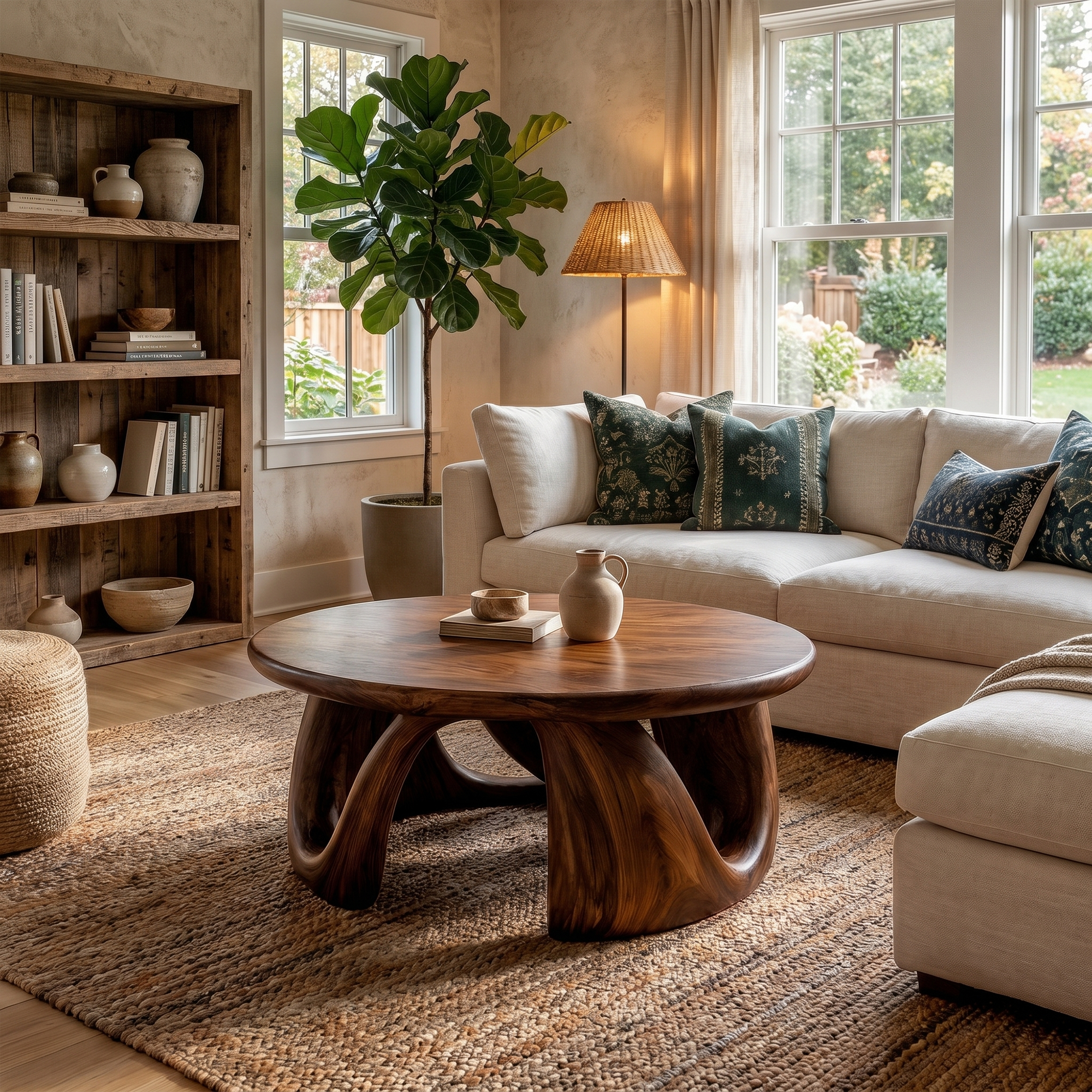 Organic Modern Coffee Table With Round Wood Top And Artistic Curved Base For Living Room