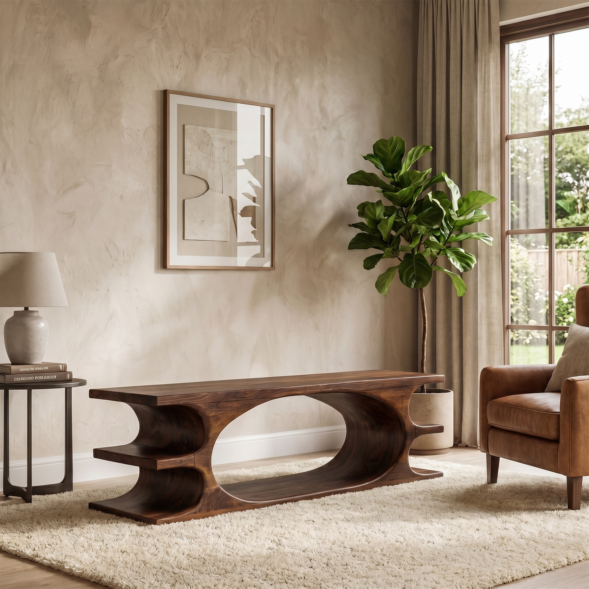 Organic Sculptural Wooden Bench With Flowing Curved Base For Living Room And Entryway