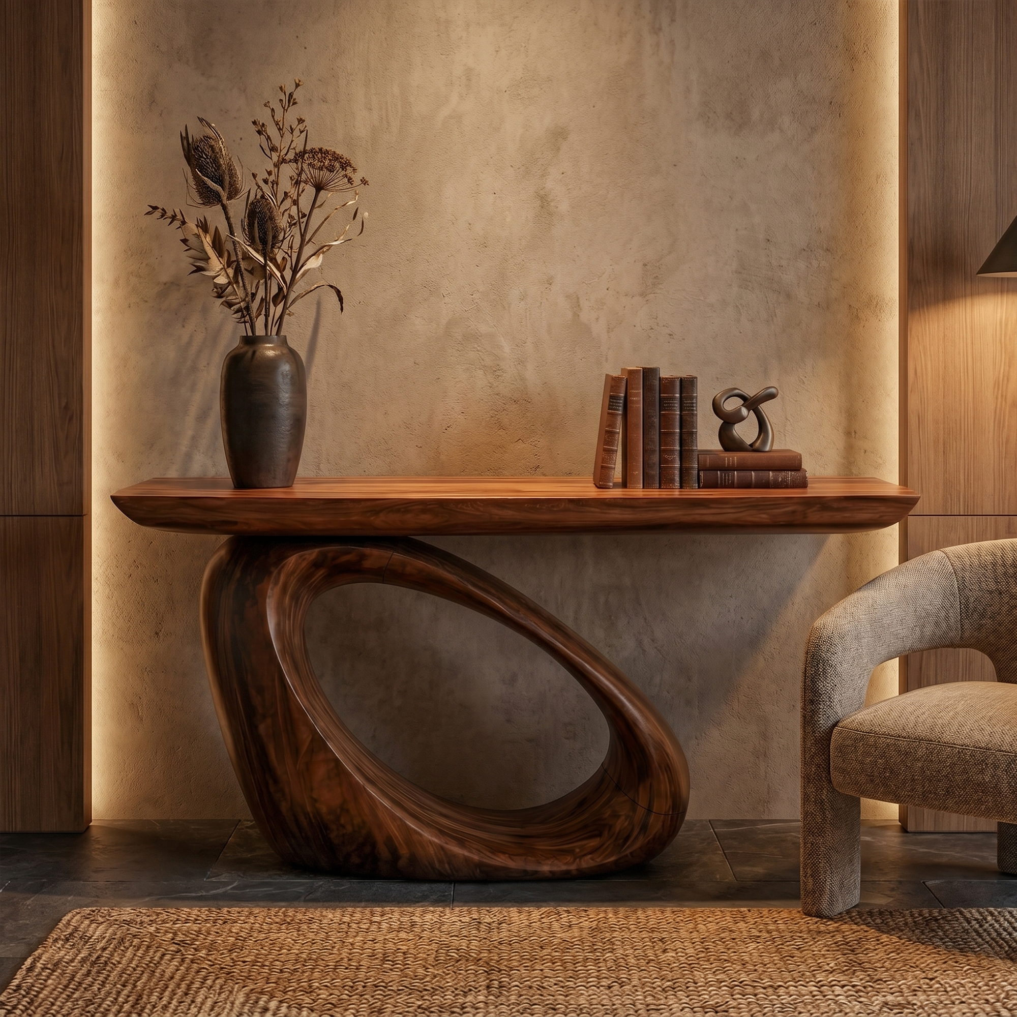 Modern Organic Console Table With Sculptural Loop Pedestal Wood Base For Entryway And Living Room
