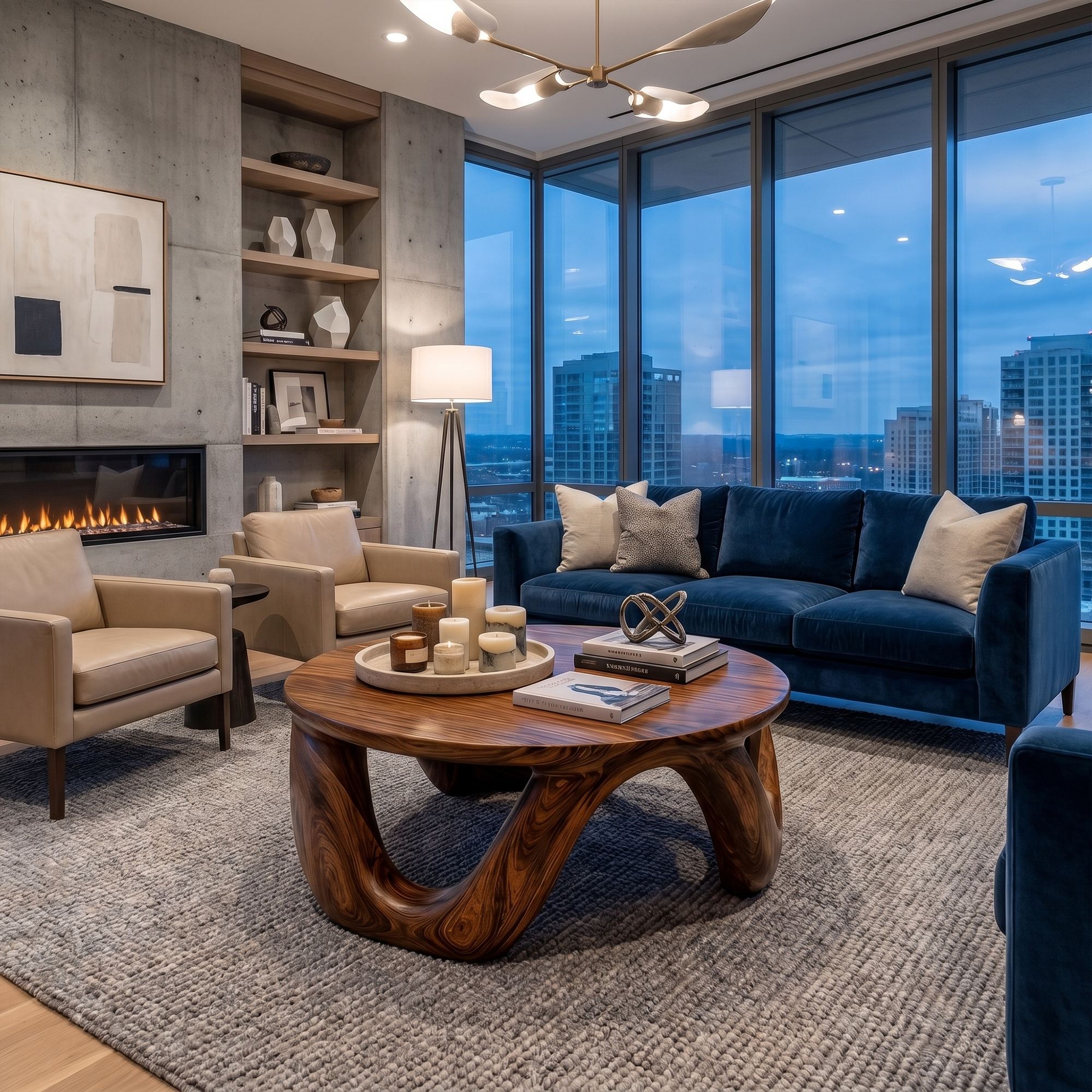 Modern Coffee Table With Round Solid Wood Top And Artistic Sculptural Base For Living Room