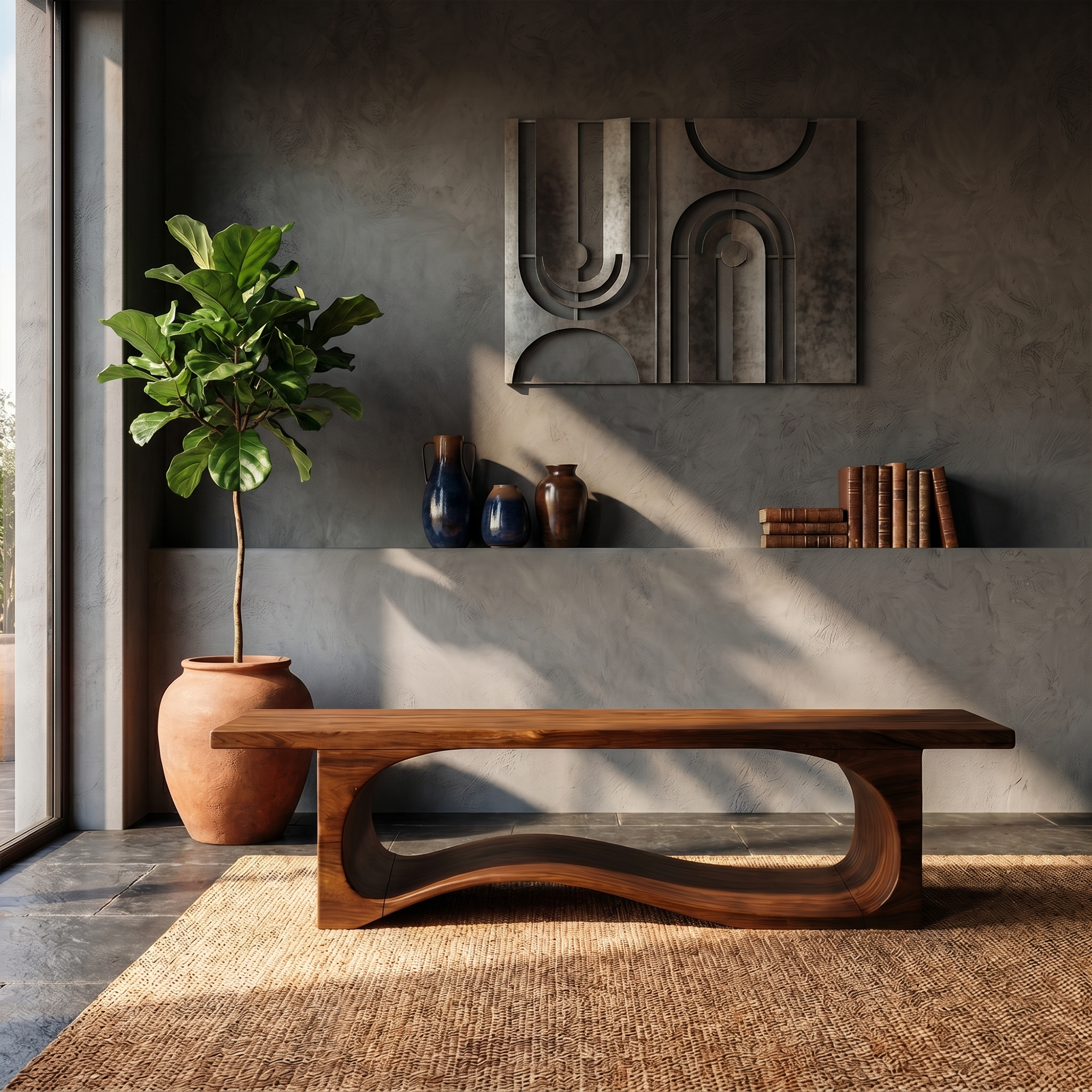 Sculptural Bench With Wave Design For Entryway