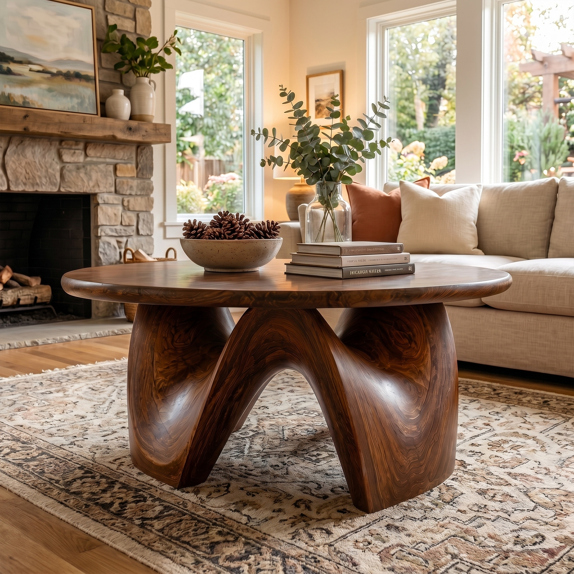 Rustic Coffee Table With Sculptural Solid Wood Base And Round Live Edge Top For Living Room