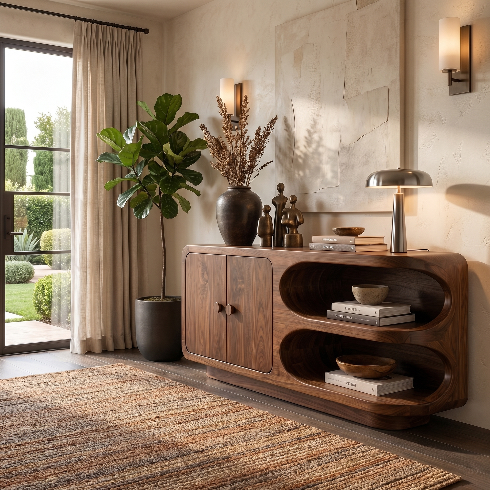 Organic Sideboard With Rounded Solid Wood Frame And Open Display Shelves For Living Room