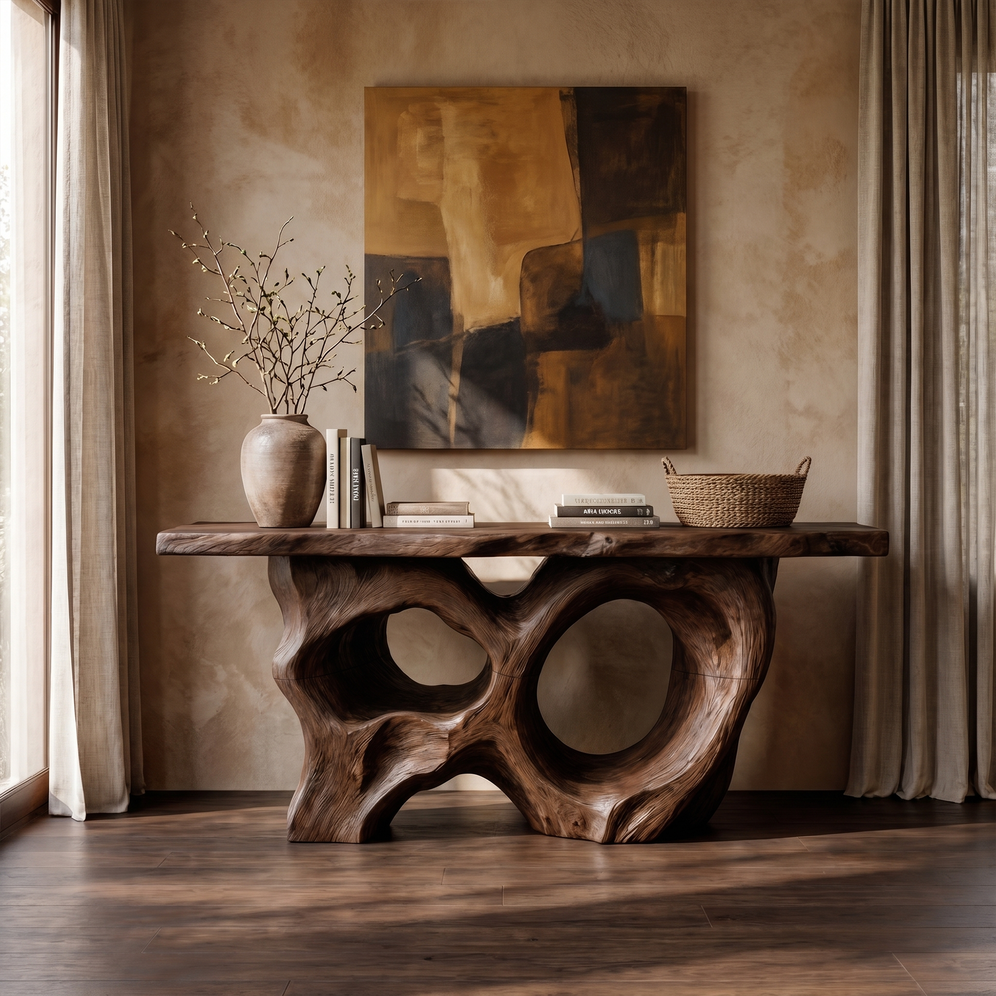 Modern Console Table With Sculptural Asymmetrical Wood Base  For Living Room