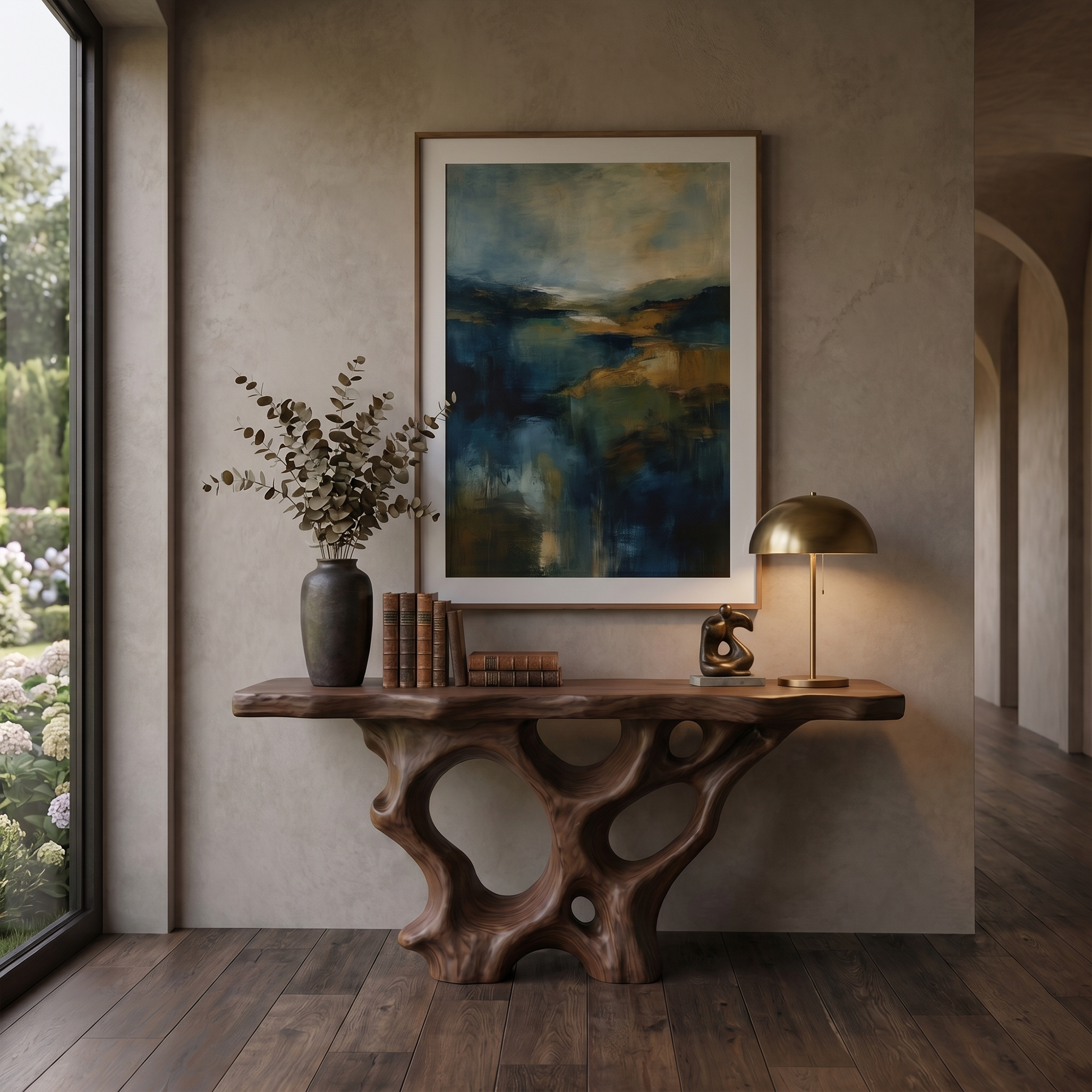 Organic Unique Console Table With Sculptural Natural Wood Base For Living Room