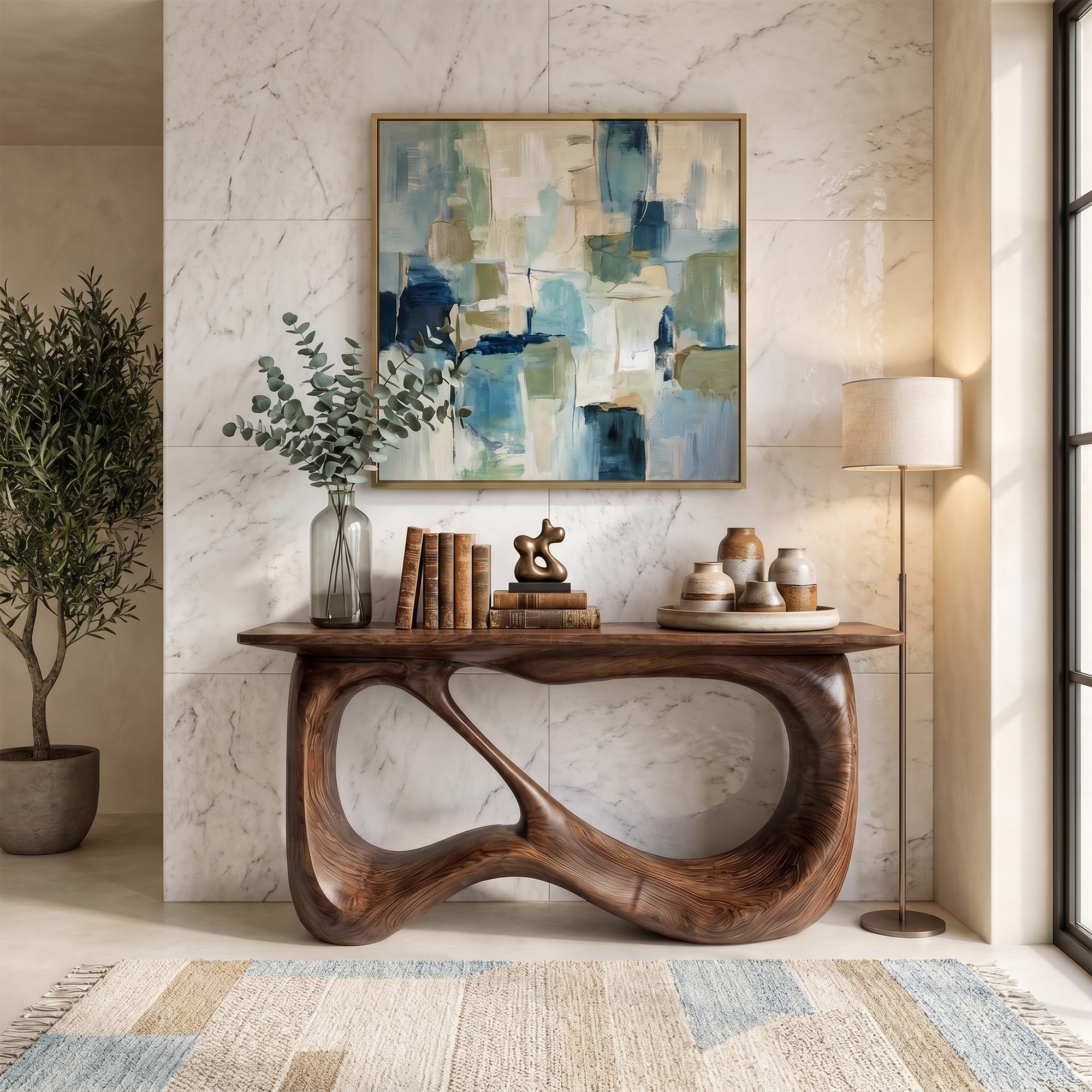 Minimalist Console Table With Flowing Loop Wood Base For Entryway