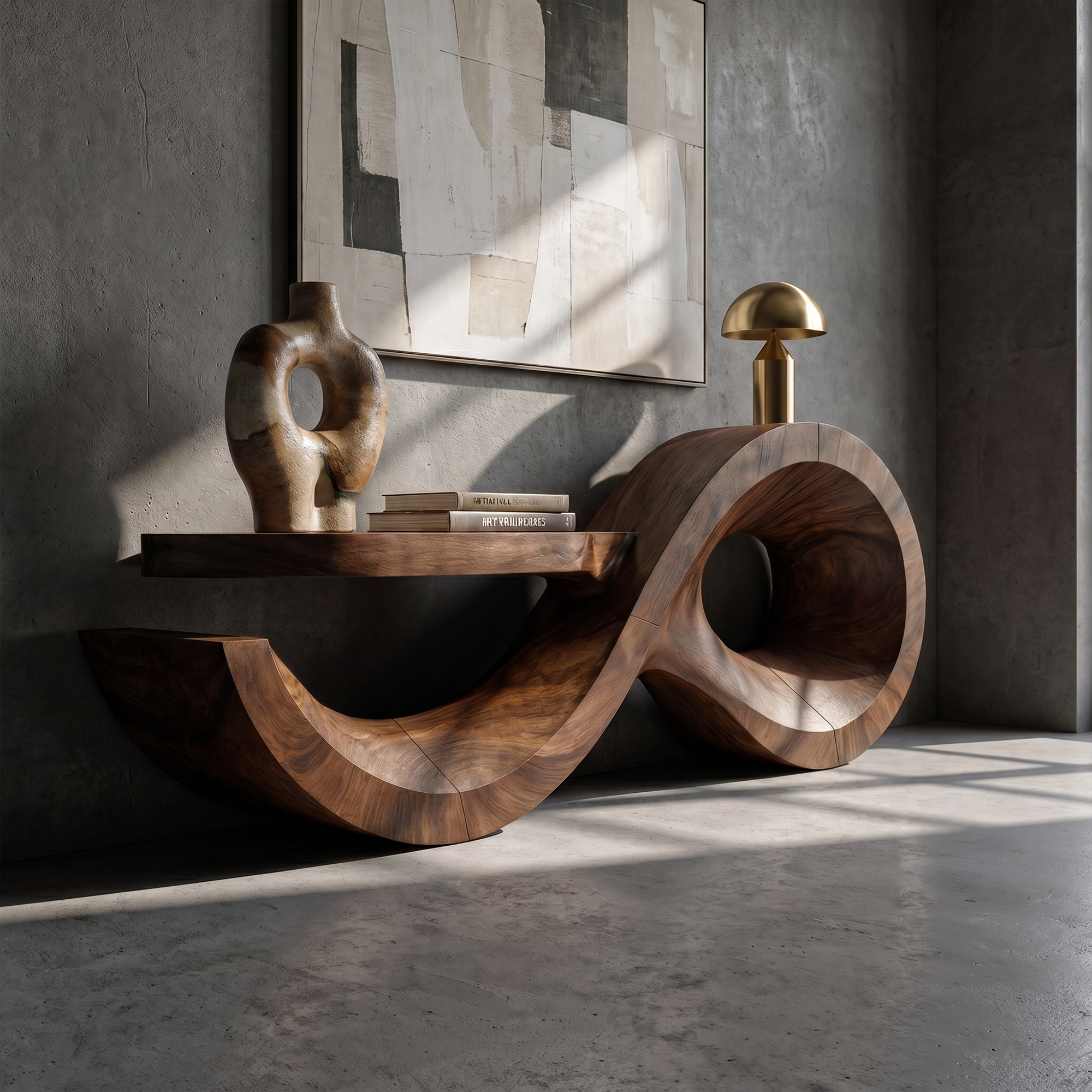 Contemporary Console Table With Sculptural Wave Wood Base And Solid Wood Top For Living Room