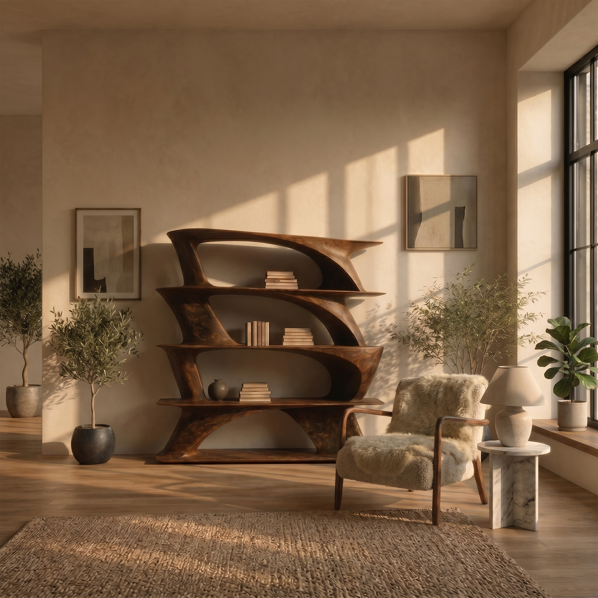 Organic Sculptural Bookshelf With Asymmetrical Open Shelves For Living Room