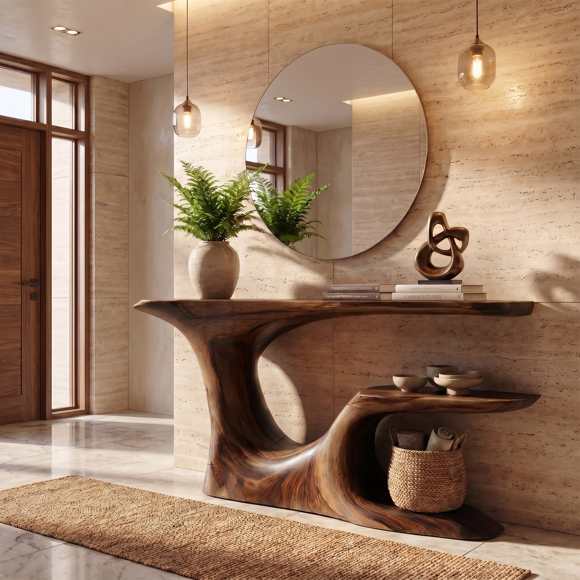 Rustic Organic Console Table With Live Edge Top And Sculptural Solid Wood Base For Entryway