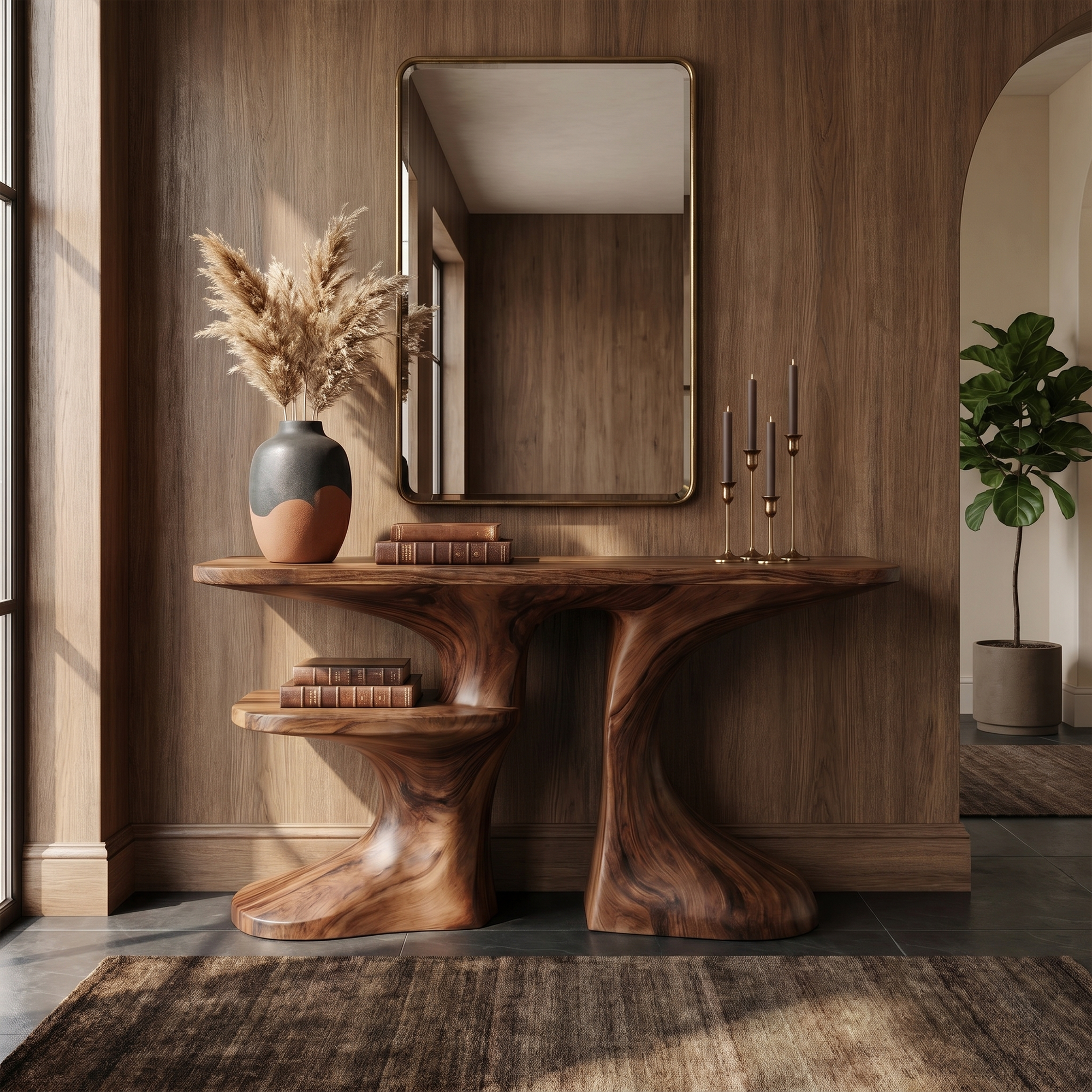 Organic Console Table With Live Edge Countertop And Sculptural Solid Wood Base For Entryway