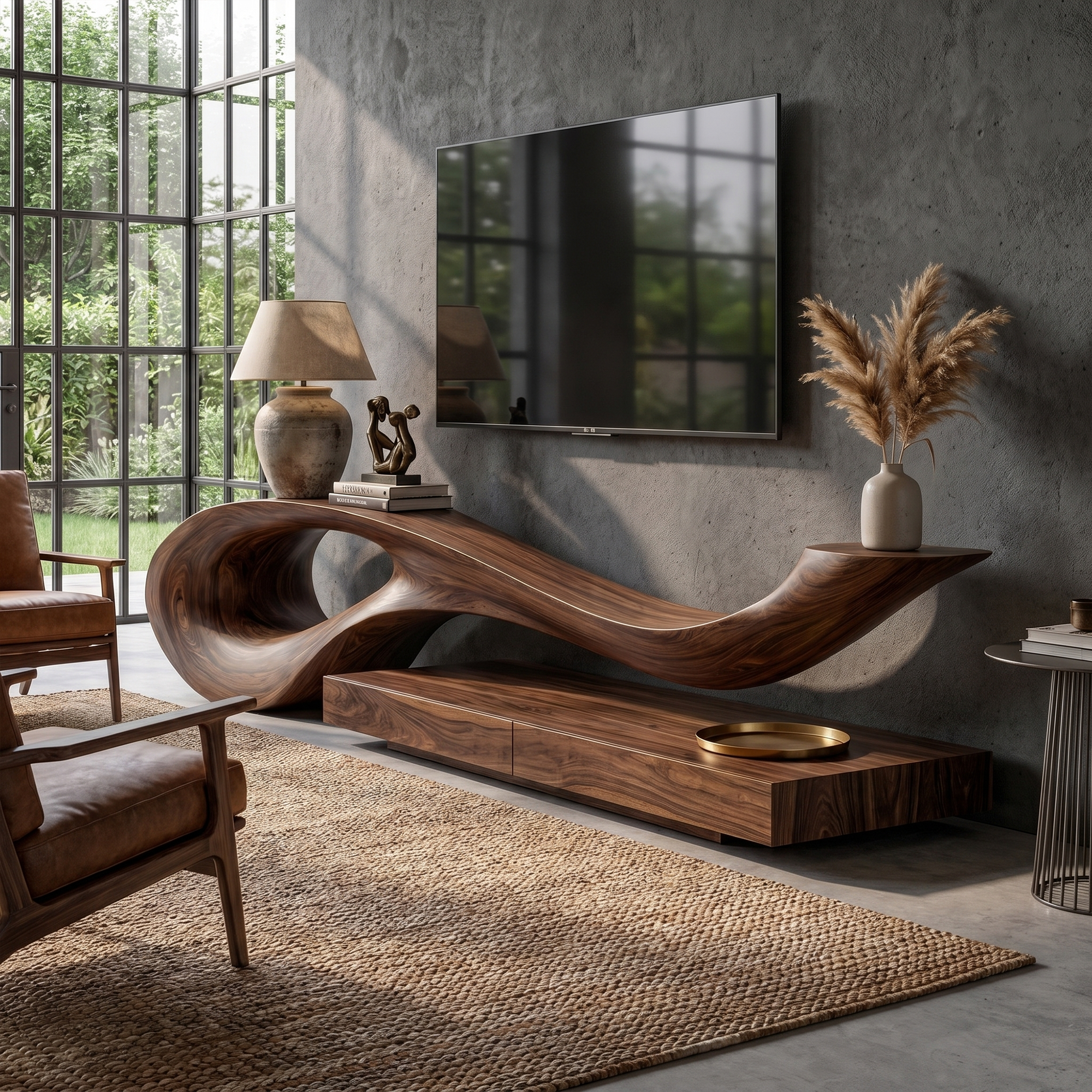 Sculptural TV Cabinet With Unique Flowing Curve Wood Base And Solid Wood Media Console For Living Room