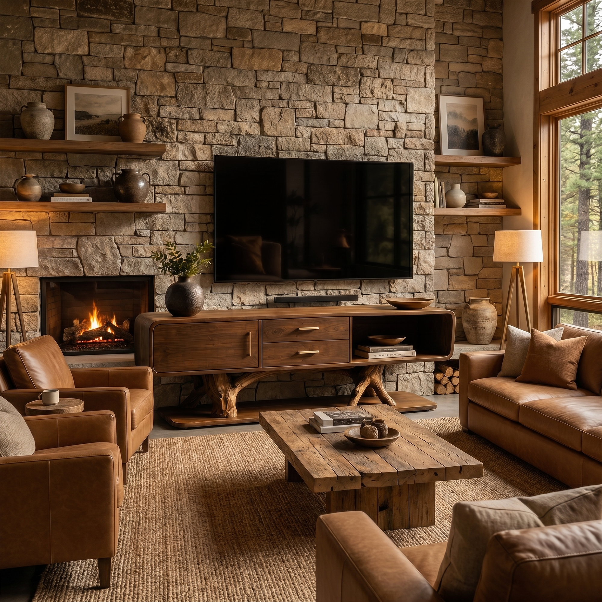 Modern Organic TV Cabinet With Built In Drawer Storage For Living Room