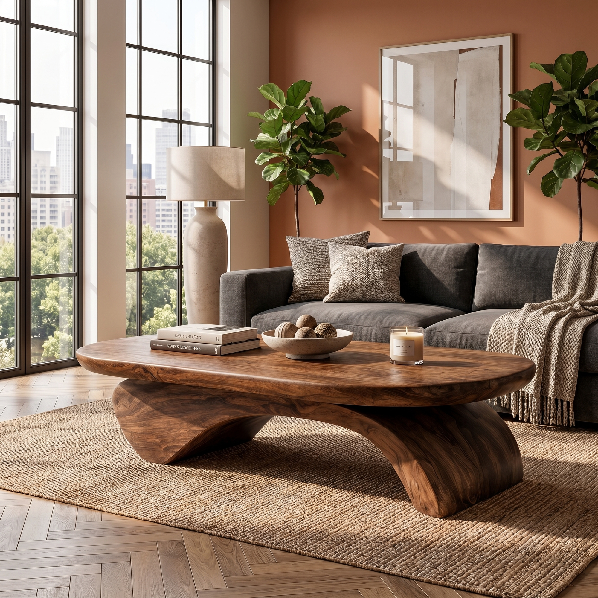 Rustic Live Edge Coffee Table With Artistic Curved Wood Pedestal For Living Room