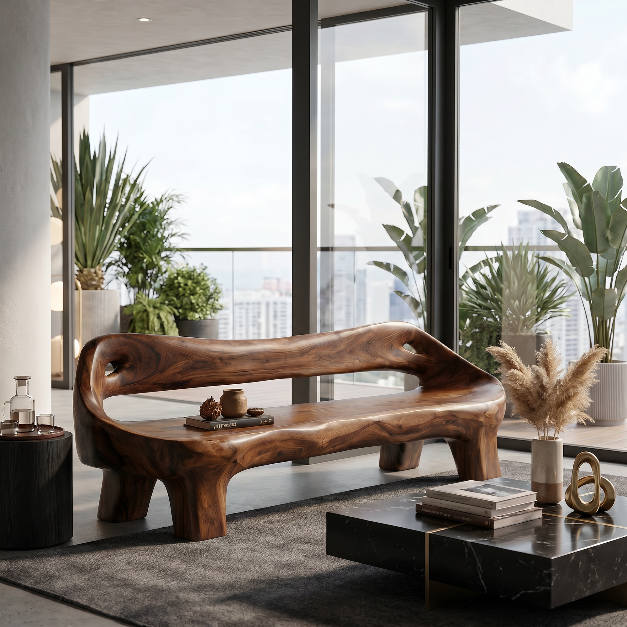Organic Sculptural Sofa Frame With Curved Solid Wood Design For Living Room