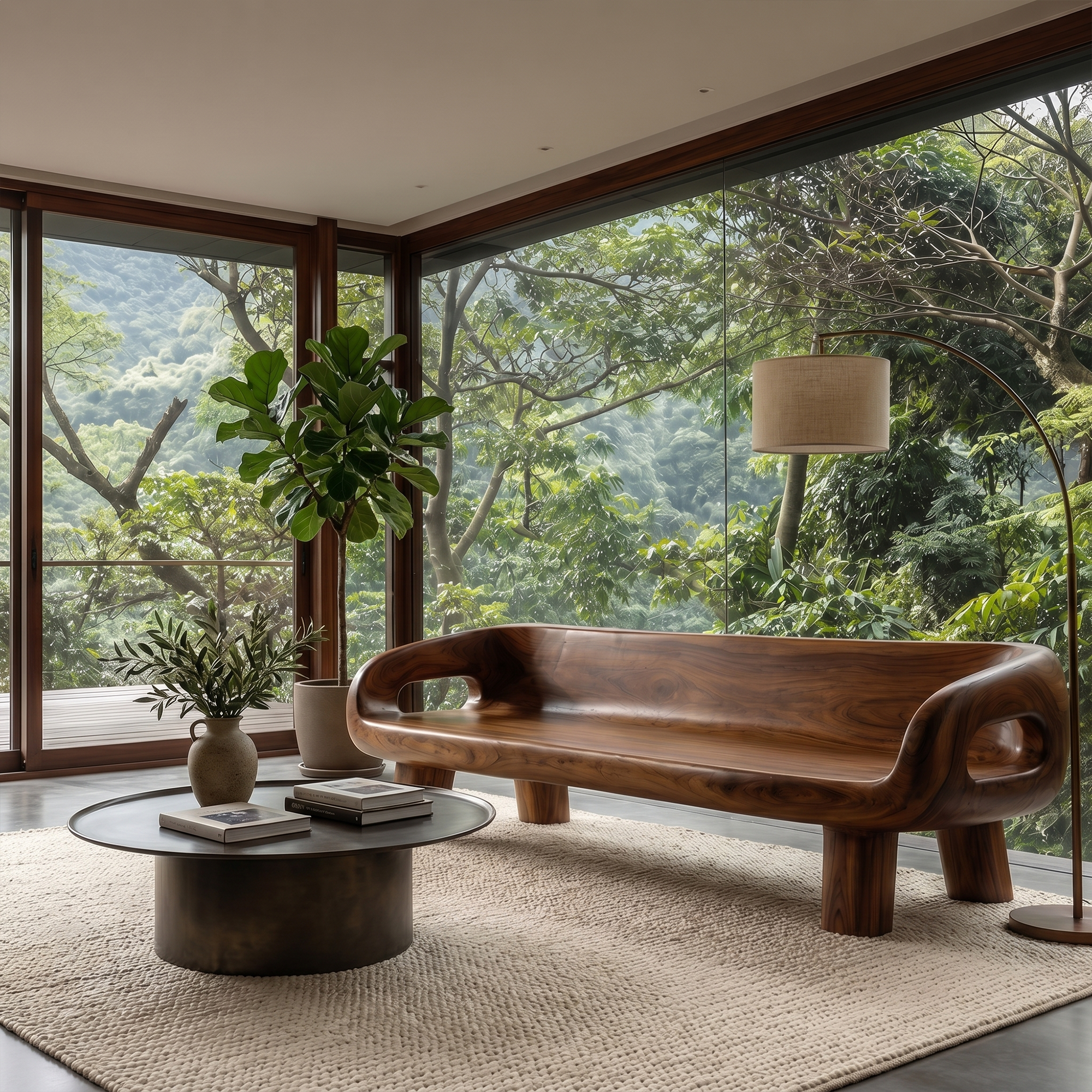 Modern Organic Sofa Frame With Curved Solid Wood Design And Integrated Side Table For Living Room