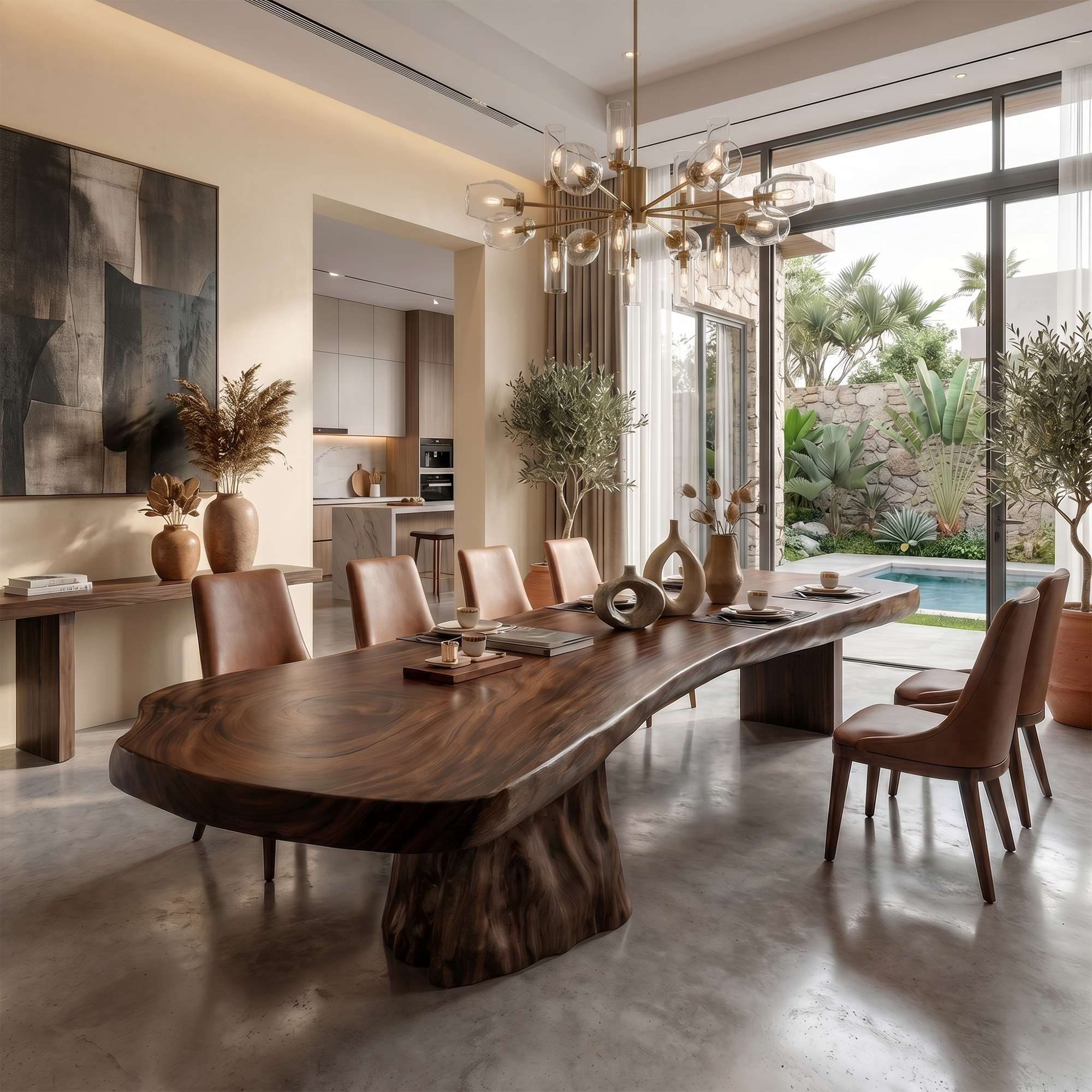 Organic Sculptural Dining Table With Live Edge Solid Wood Top And Pedestal Base For Dining Room