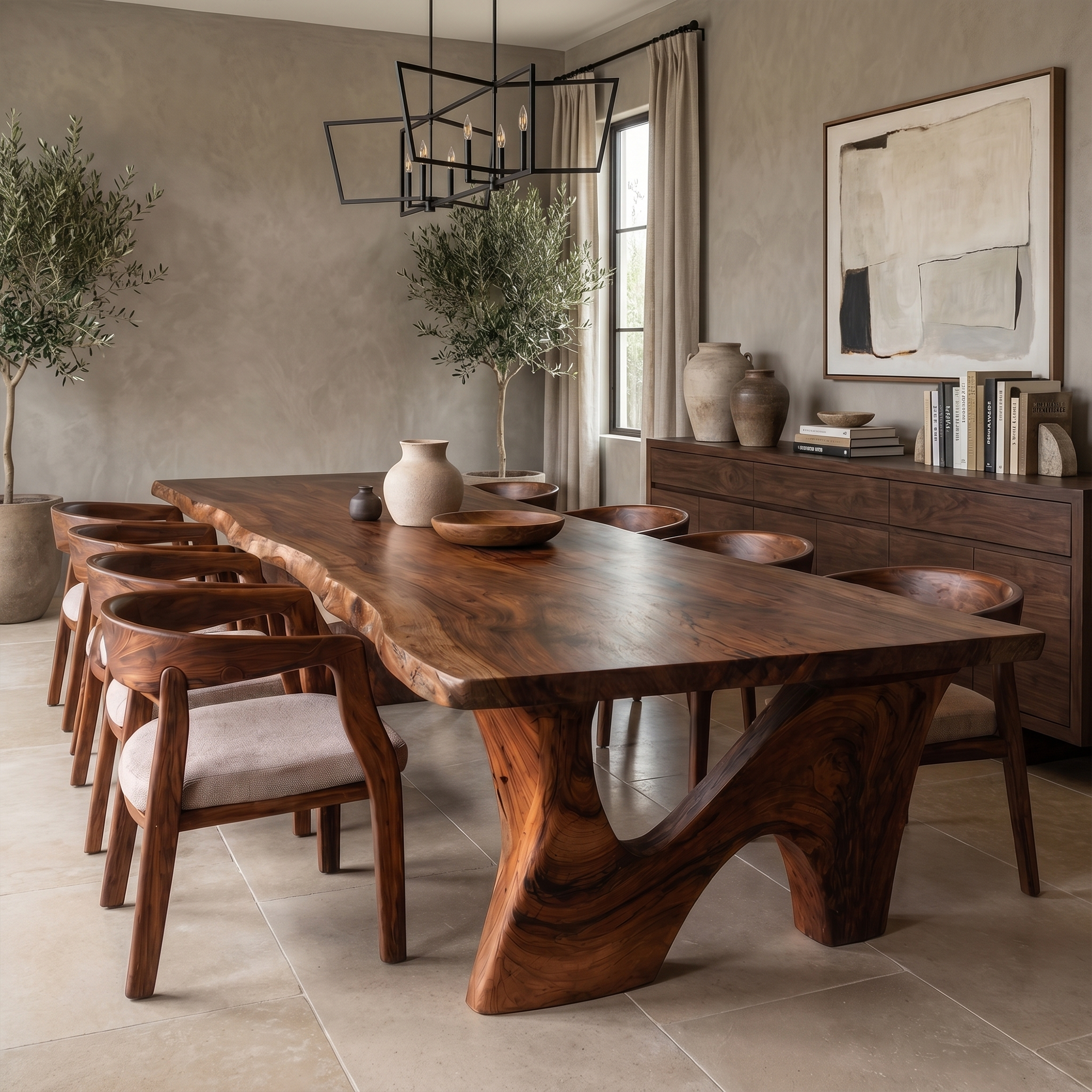 Rustic Modern Dining Table With Solid Wood Top And Sculptural Curved Base For Dining Room
