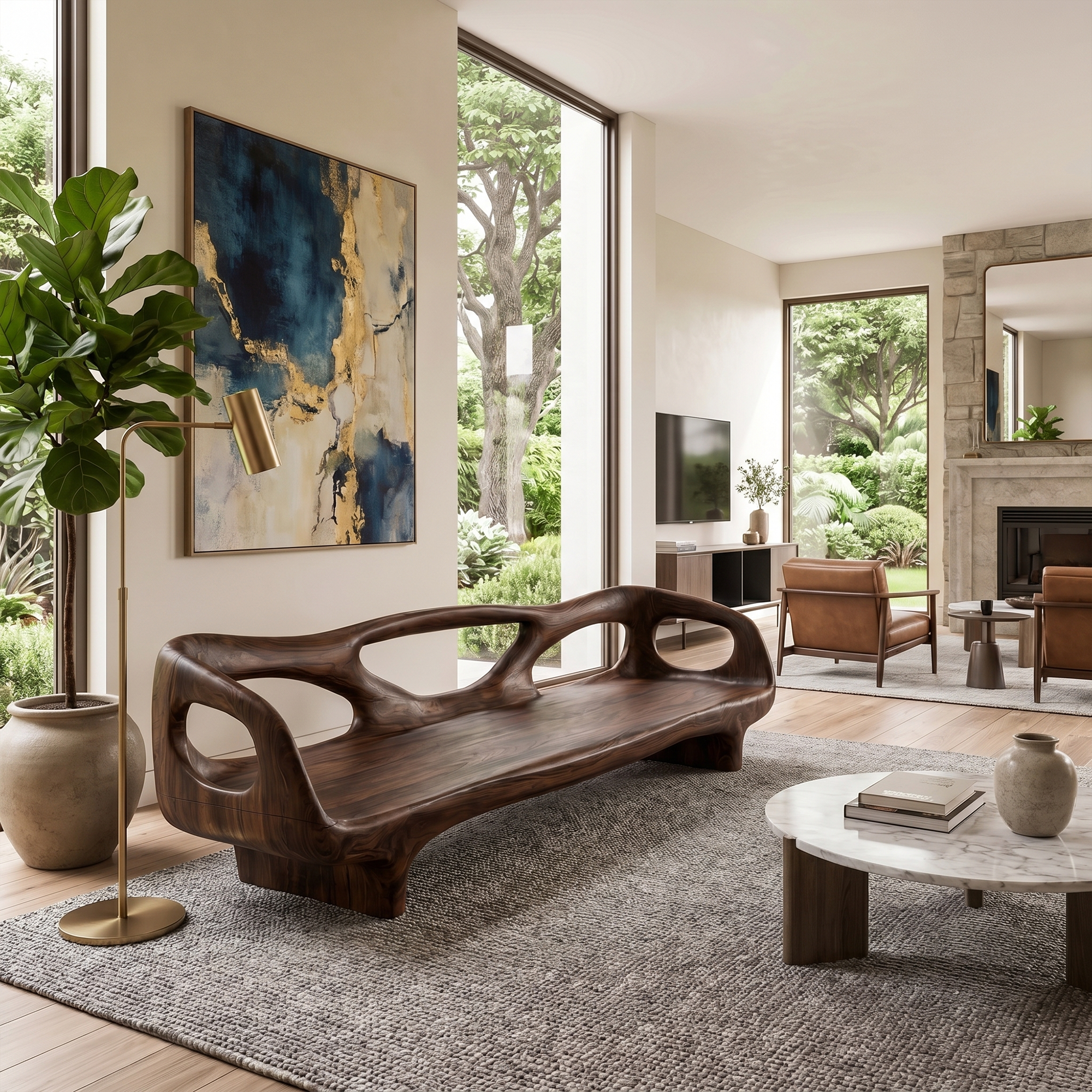 Organic Sculptural Sofa Frame With Curved Open Arm Design For Living Room
