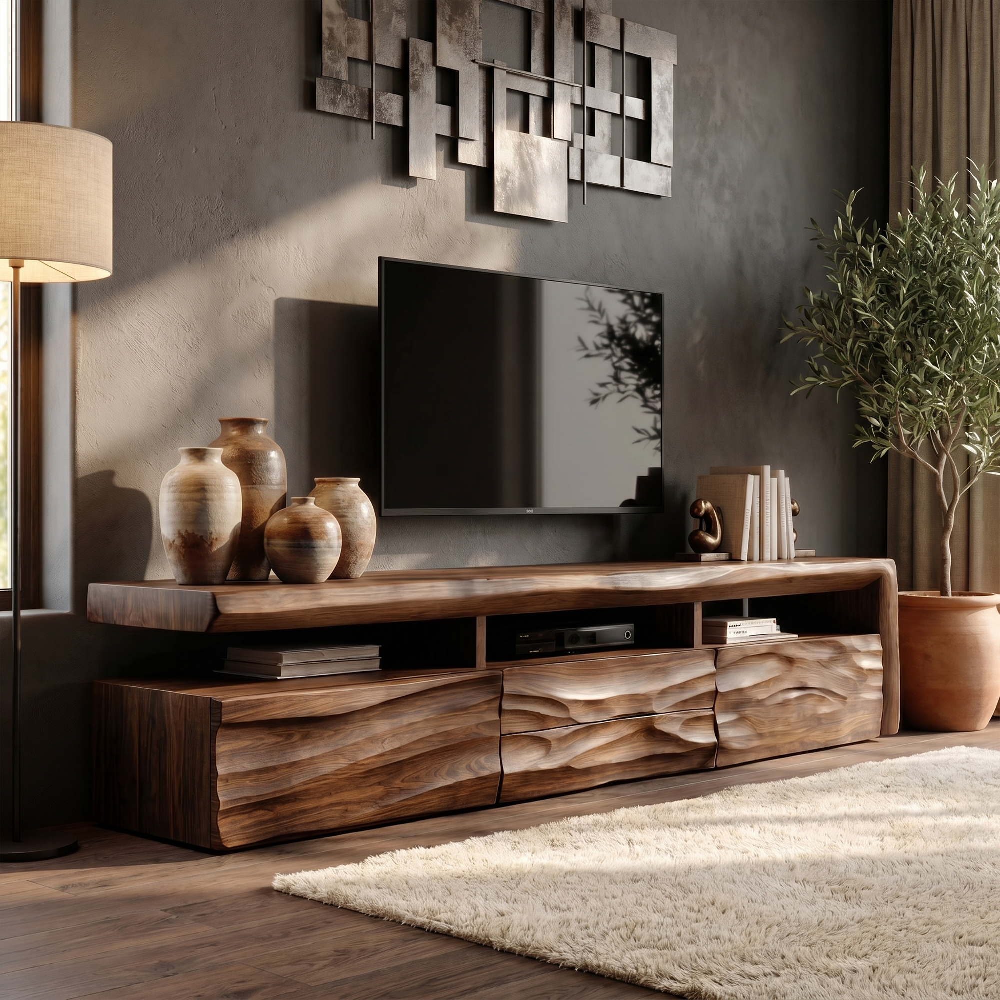 Organic TV Cabinet With Hand Carved Solid Wood Front And Open Media Storage For Living Room
