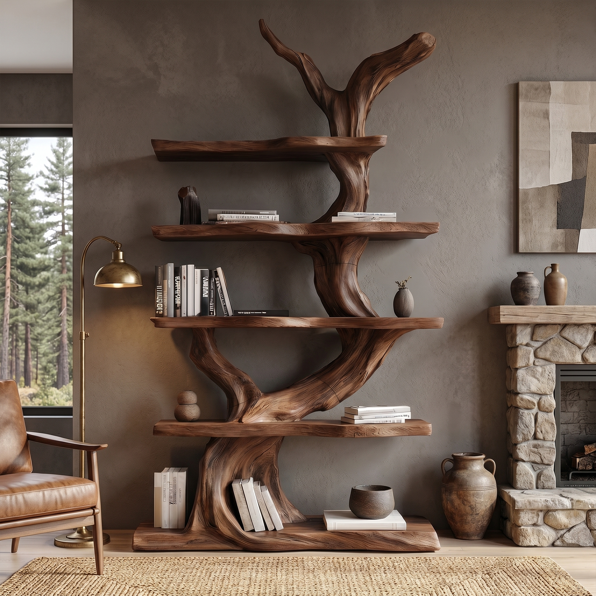 Organic Tree Bookshelf With Sculptural Branch Design And Open Display Shelves For Living Room