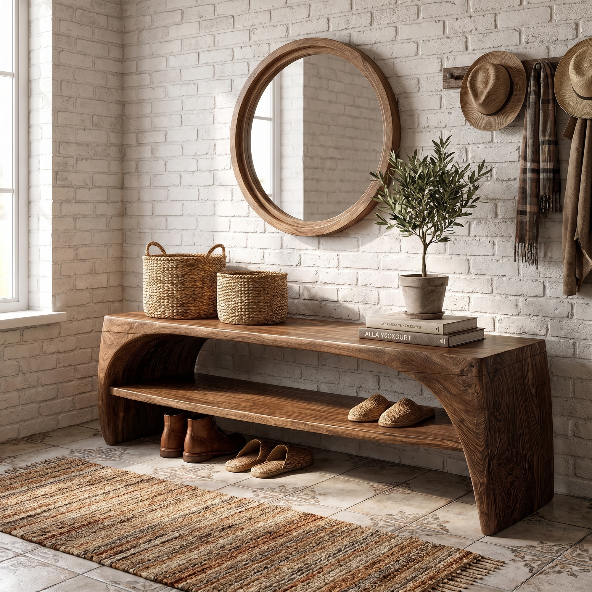 Rustic Live Edge Bench With Open Shoe Storage Shelf For Entryway