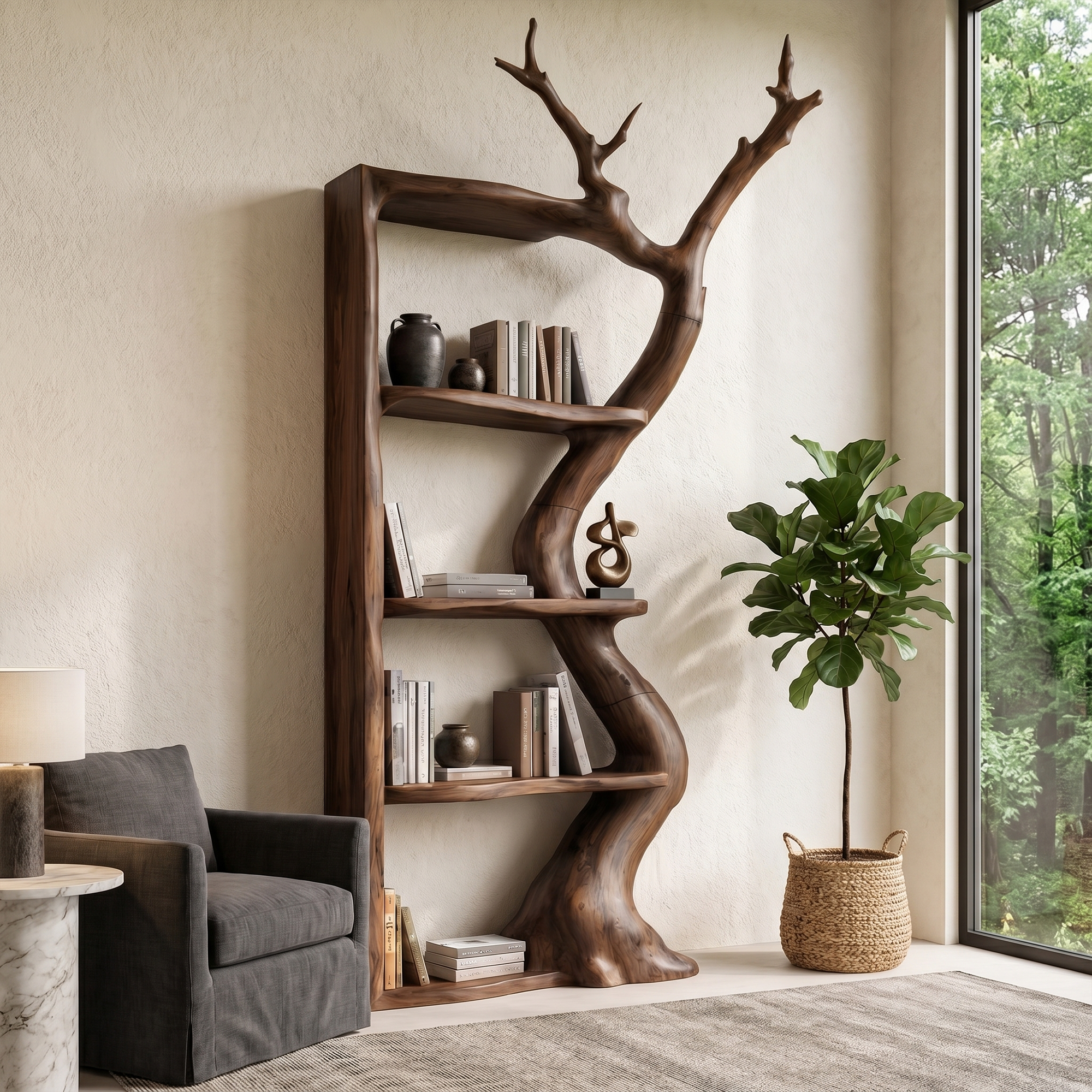 Sculptural Tree Bookshelf With Flowing Branch Frame For Living Room